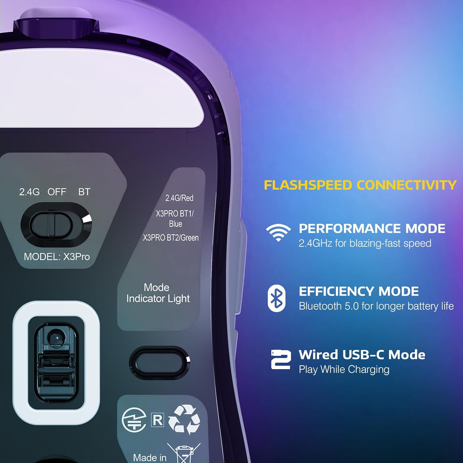 MANBASNAKE Attack Shark X3 Pro 4K/8K Hz Mouse, 59G Superlight BT/2.4G Wireless/Wired Gaming Mouse, Pixart PAW3395 Gaming Sensor, 26000 DPI, Programmable Buttons for Win11/Xbox/Ps/Mac(White) image number 6