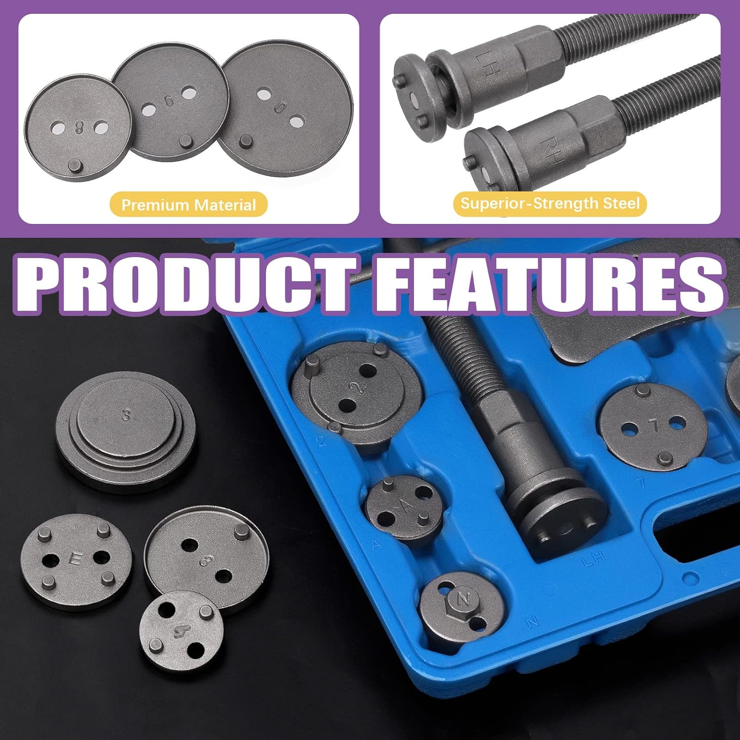 Swpeet 22Pcs Heavy Duty Disc Brake Piston Caliper Compressor Rewind Tool Set Wind Back Tool Kit, Compressor Rewind Tool Set for Brake Pad Replacement Reset, Fits Most American European Japanese Autos image number 5