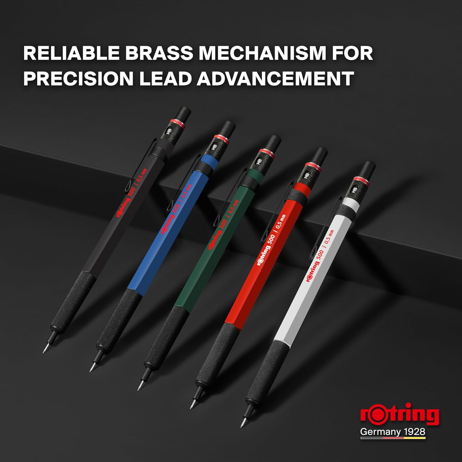 Rotring 500 Mechanical Pencil | 0.5Mm HB Lead | Green Hexagonal Plastic Barrel and Non-Slip Textured Metal Grip image number 2