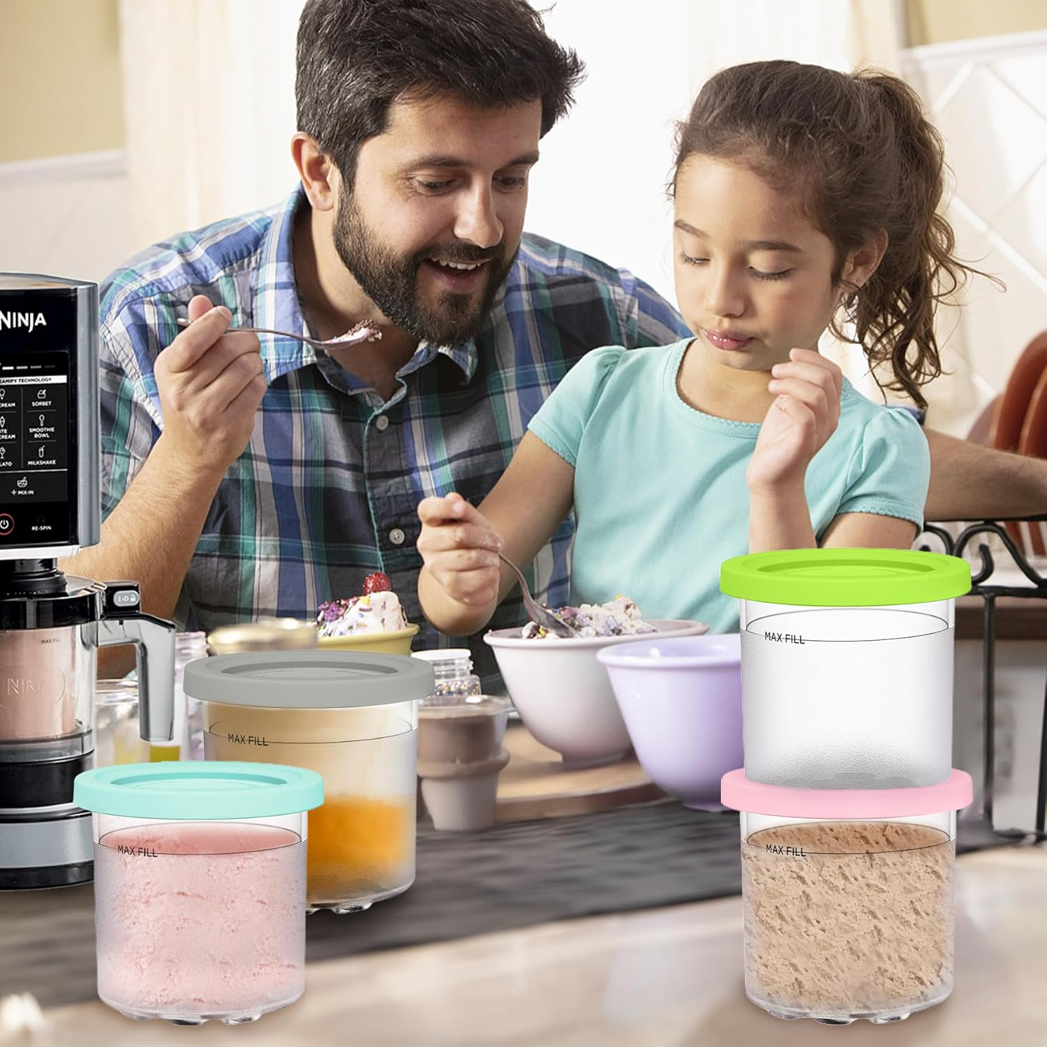 Ice Cream Pint Containers Replacement for Ninja Creami Pints and Lids - 4 Pack, Compatible with NC300 & NC301 & NC299AMZ Series, Leakproof, and Dishwasher Safe, Pink/Green/Grey/Blue