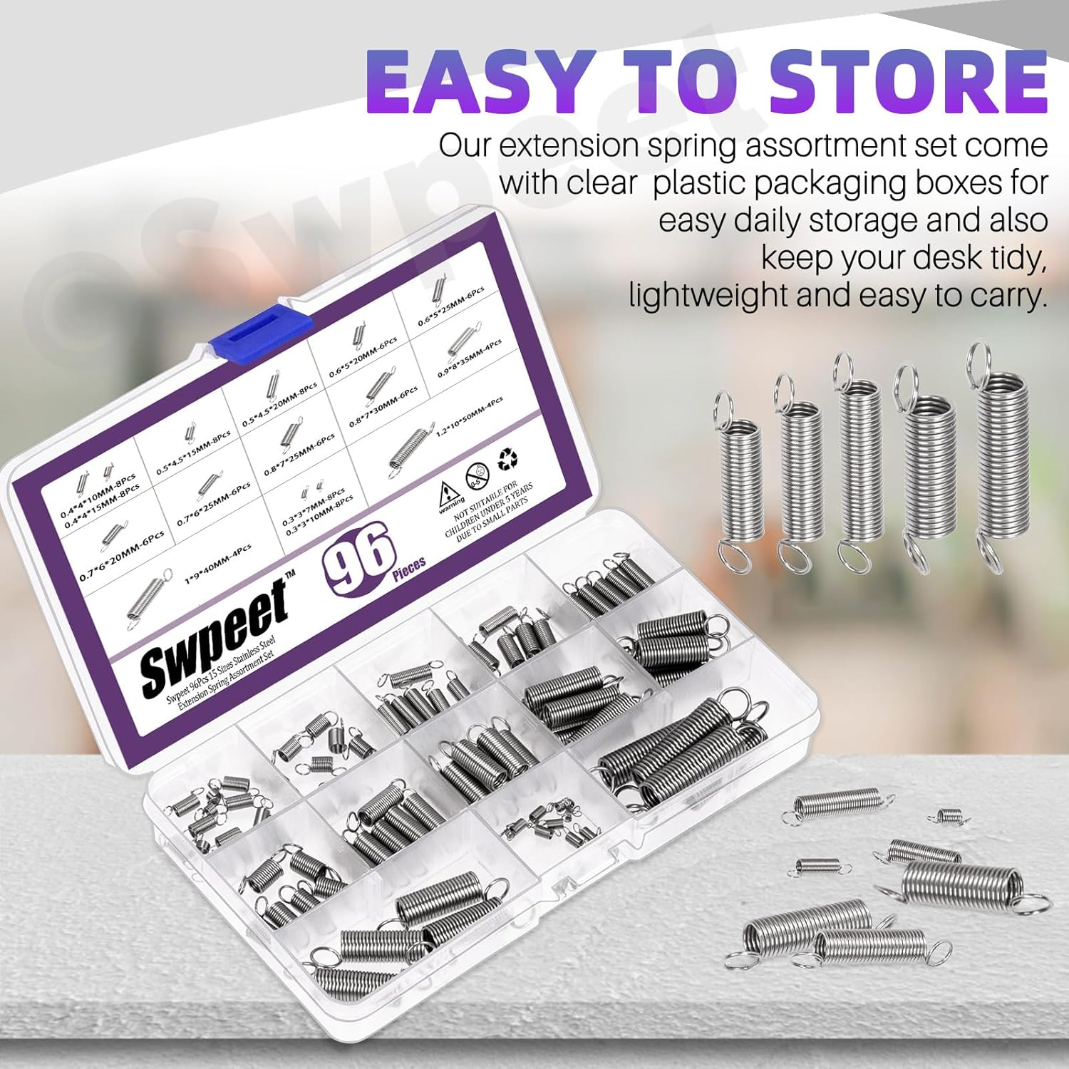 Swpeet 96Pcs 15 Different Sizes Stainless Steel Extension Spring with a Dual Hook Assortment Kit, Mechanical Extension Springs Small Spring for Home Repairs image number 4