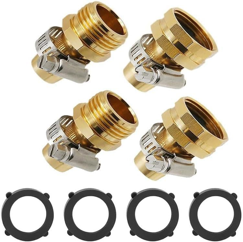 2 Set Solid Brass Female and Male Hose Connector Fit for 3/4" or 5/8" Garden Hose,Solid Brass Mender Female and Male Hose Connector with Clamps