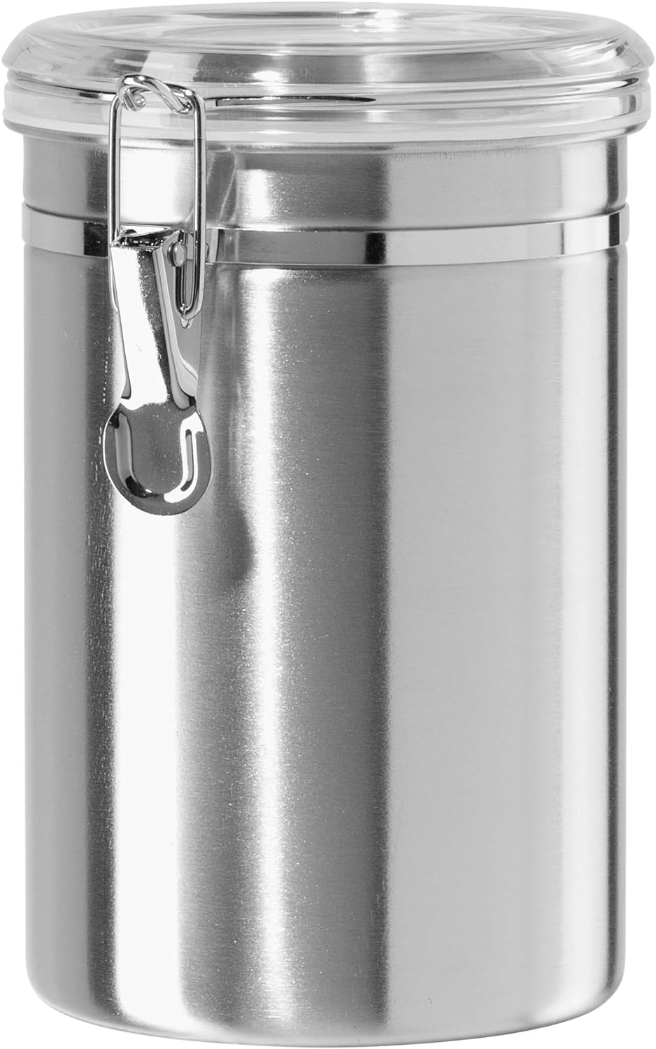 OGGI Stainless Steel Kitchen Canister 62Oz - Airtight Clamp Lid, Clear See-Thru Top - Ideal for Kitchen Storage, Food Storage, Pantry Storage. Large Size 5" X 7.5". image number 1