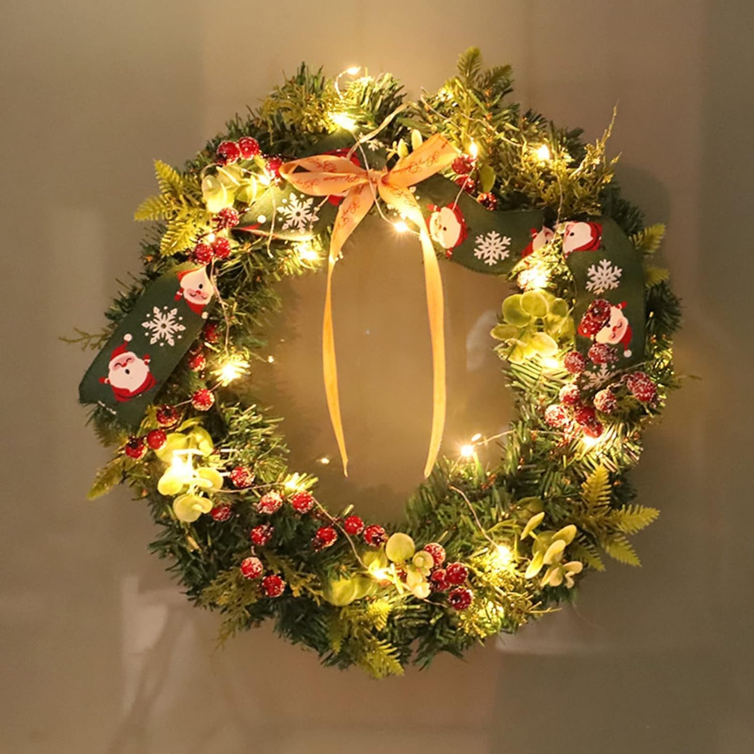 Christmas Wreath,Large Artificial Christmas Wreaths for Front Door,Xmas Wreaths with Bow Ribbon, Christmas Decor Winter Garlands Wreath for Outdoor Indoor Window Porch (E)