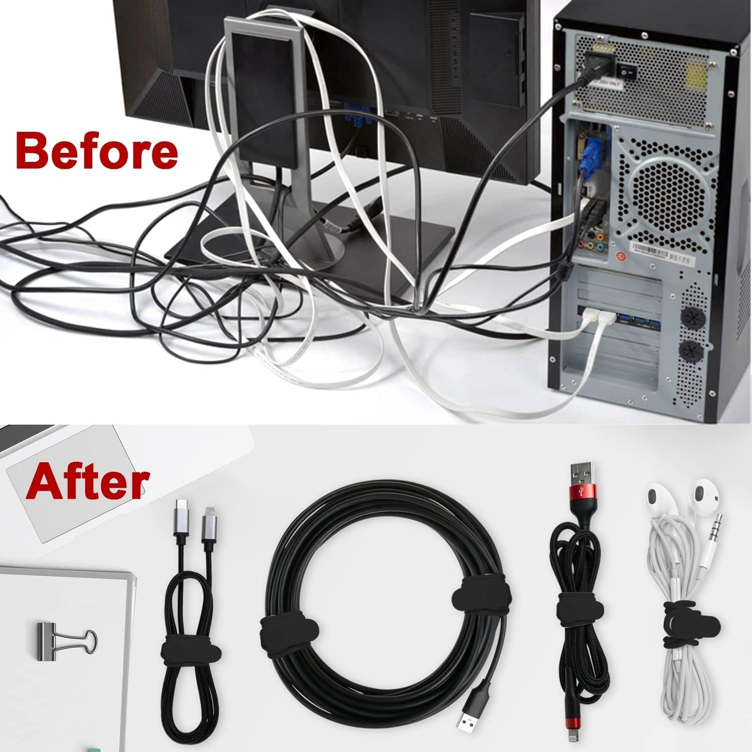 Cable Ties, Silicone Cable Straps Wire Organiser for Earphone, Phone Charger, Mouse, Audio, Computer, Reusable Fastening Cable Ties Cord Organizer in Home, Office, Kitchen, School(Black), Pack of 10 image number 1