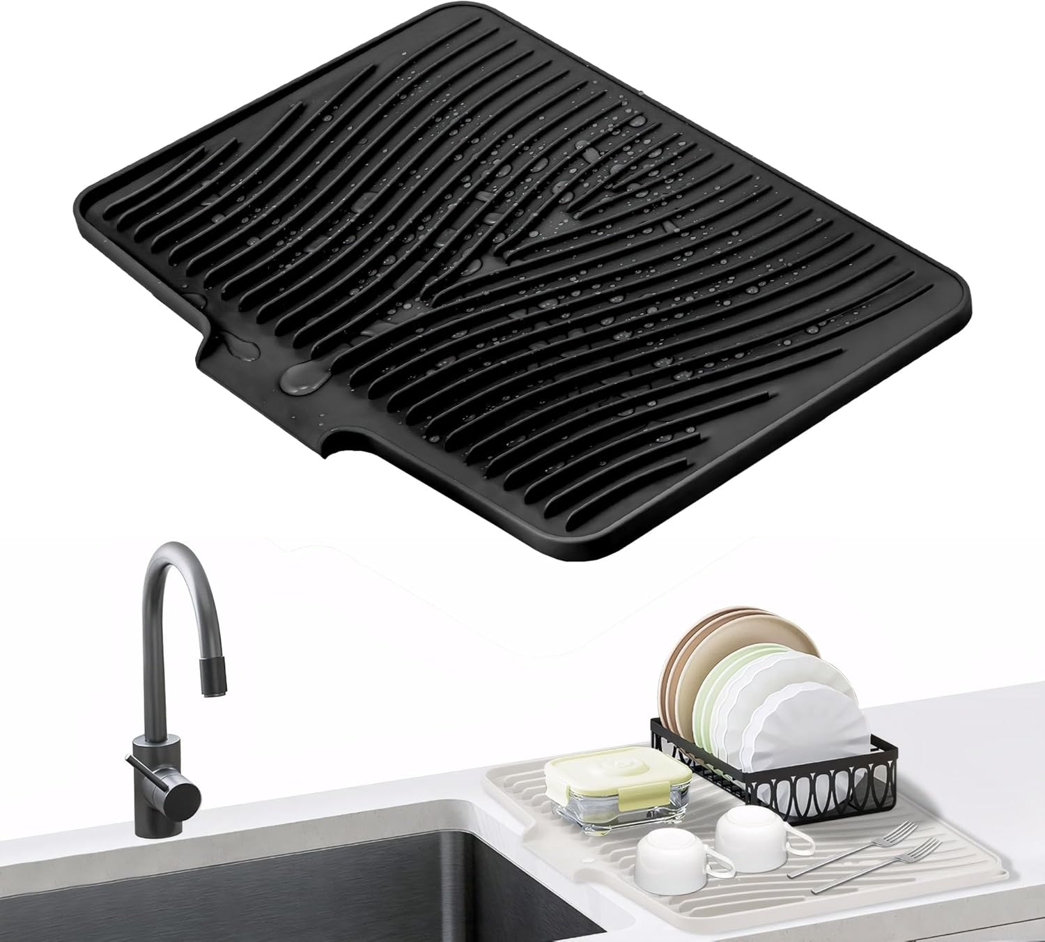 Silicone Dish Drying Mat for Kitchen Counter Non-Slip Pad with Built-In Drain Sink (Black)