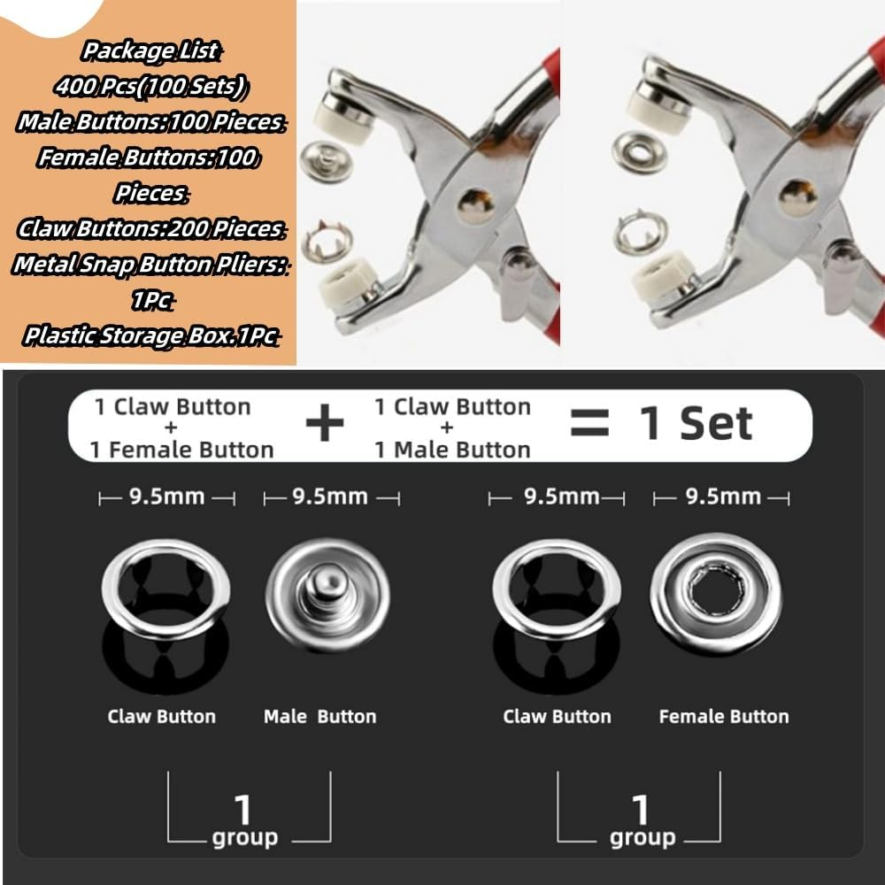 Jindizi 200 Pairs Metal Snap Buttons Kit, Prong Snaps Buttons with Fastener Pliers Press Tool, DIY Sewing Button Set for Garment Sewing and Crafts image number 5