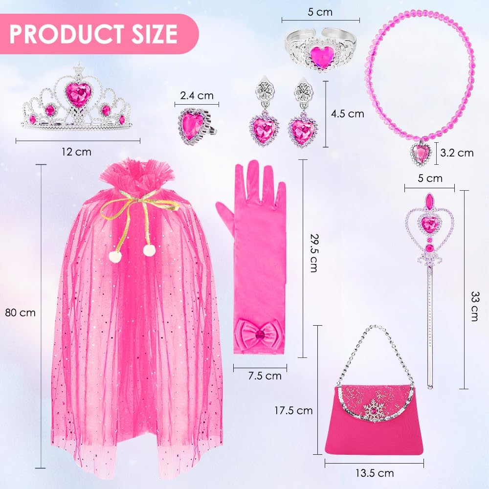 Slowton Princess Cape Set - 11 Pieces Princess Cloak with Handbag Tiara Crown Wand Gloves Jewelry - Princess Dress up Costume for Halloween Cosplay Christmas Birthday Party, Aged 3-8 image number 6