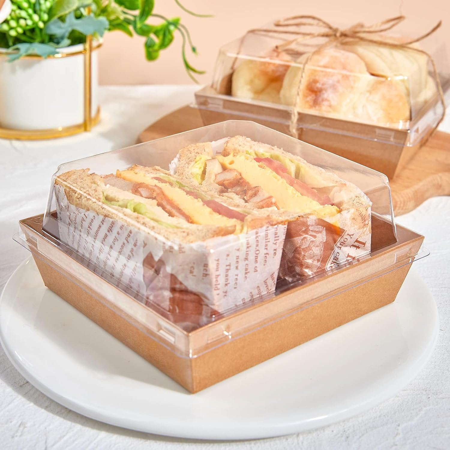 50Pack Paper Charcuterie Boxes with Clear Lids Square Sandwich Boxes with 44Yd Twine Disposable Food Containers for Swiss Roll, Strawberries, Slice Cake, Cookies, Brown image number 4
