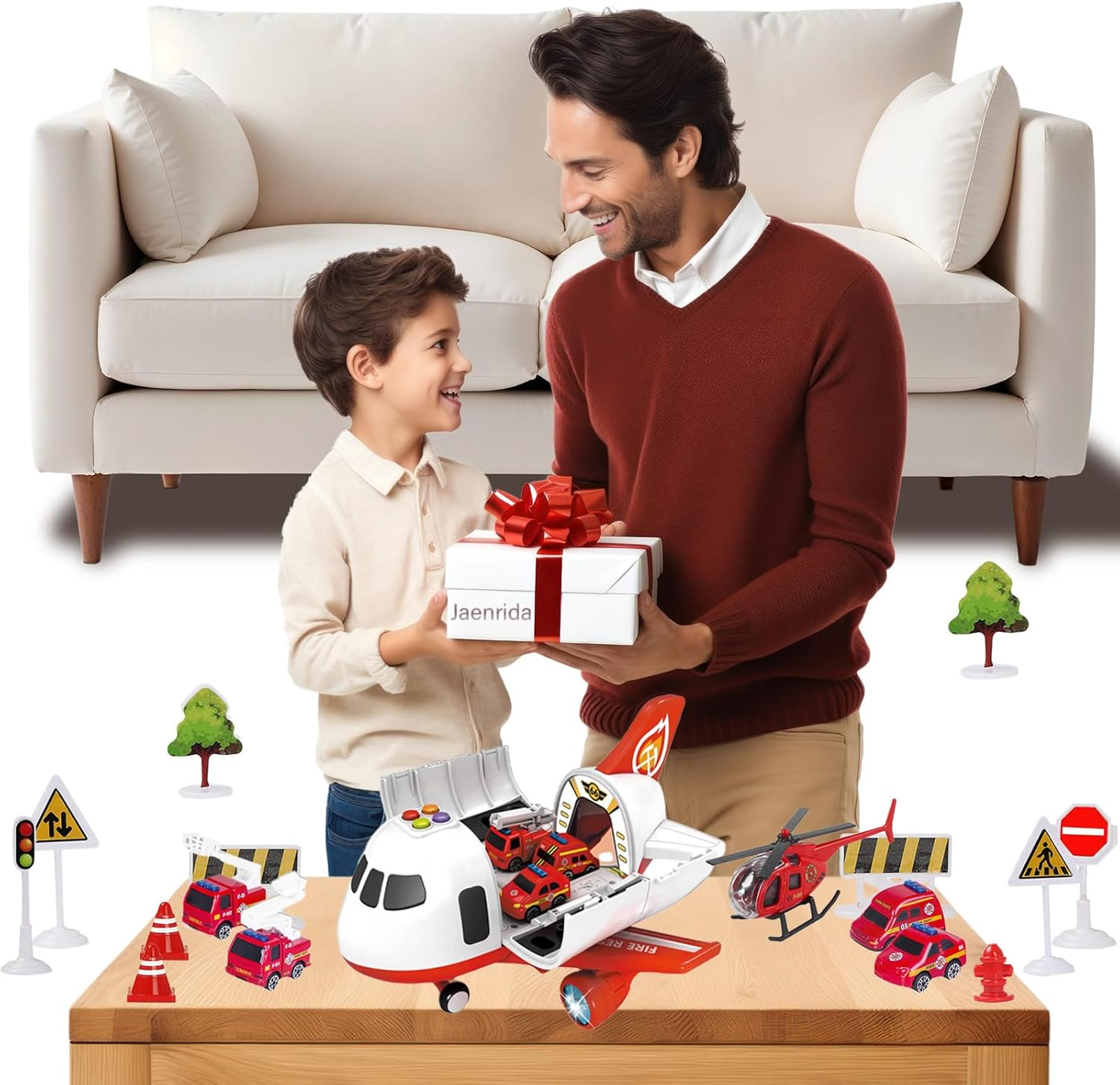 Airplane Toys with Fire Truck Cars Toy Set,Plane with Light up and Sounds image number 4