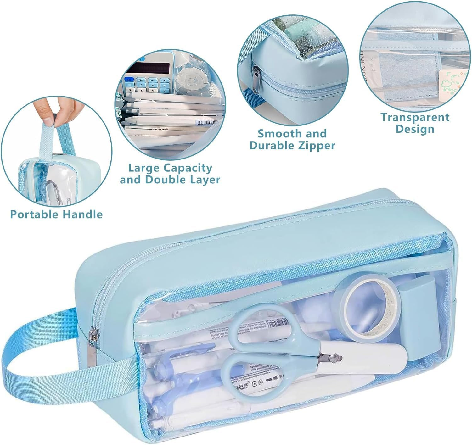 2 Pcs Large Capacity Pencil Case, Waterproof PVC Zippered Toiletries Storage Pouch, Cosmetic Makeup Storage Bag, Clear Pencil Case for Girls Boys, Home, School, Office (Blue) image number 5