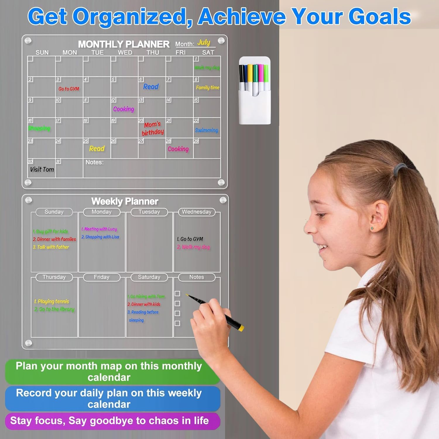 Acrylic Magnetic Dry Erase Board and Calendar for Fridge,43 * 30Cm Clear Acrylic Magnetic Dry Erase Planning Board of Monthly Calendar for Refrigerator with 6 Colored Markers and a Towel image number 5