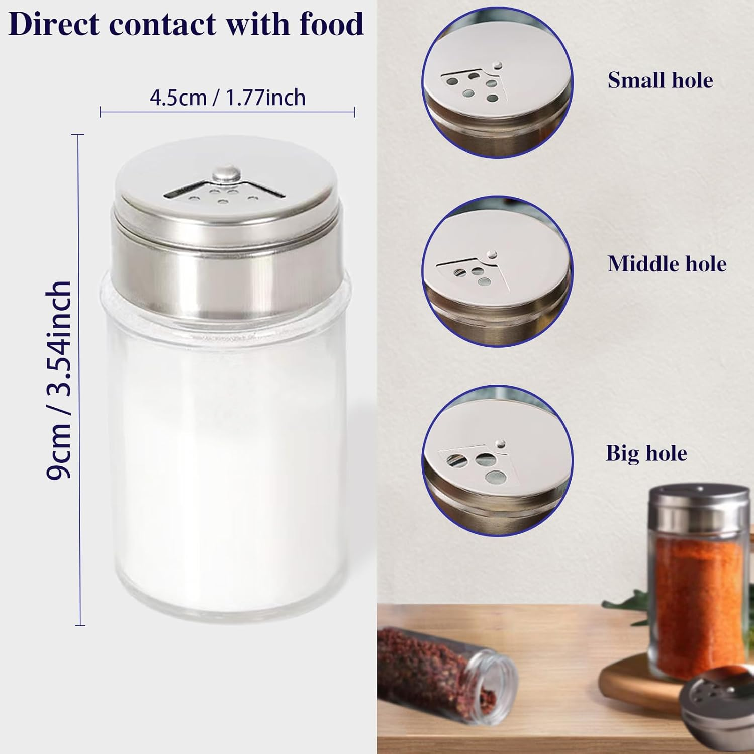 4Pcs Salt and Pepper Shakers Set, Salt Shaker and Pepper Shaker with Adjustable Pour Holes, Pepper and Salt Container with Stainless Steel Lid,Glass Salt and Pepper Shakers,Spice Shaker for Kitchen image number 6