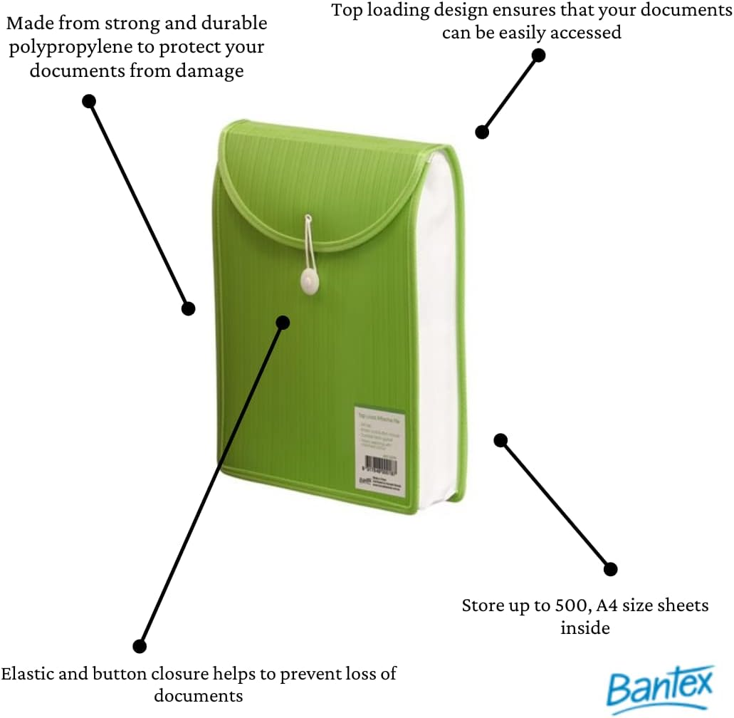 Bantex, A4 Top Load Attache File, Store up to 500 Sheets, Elastic and Button Closure, Geen image number 1