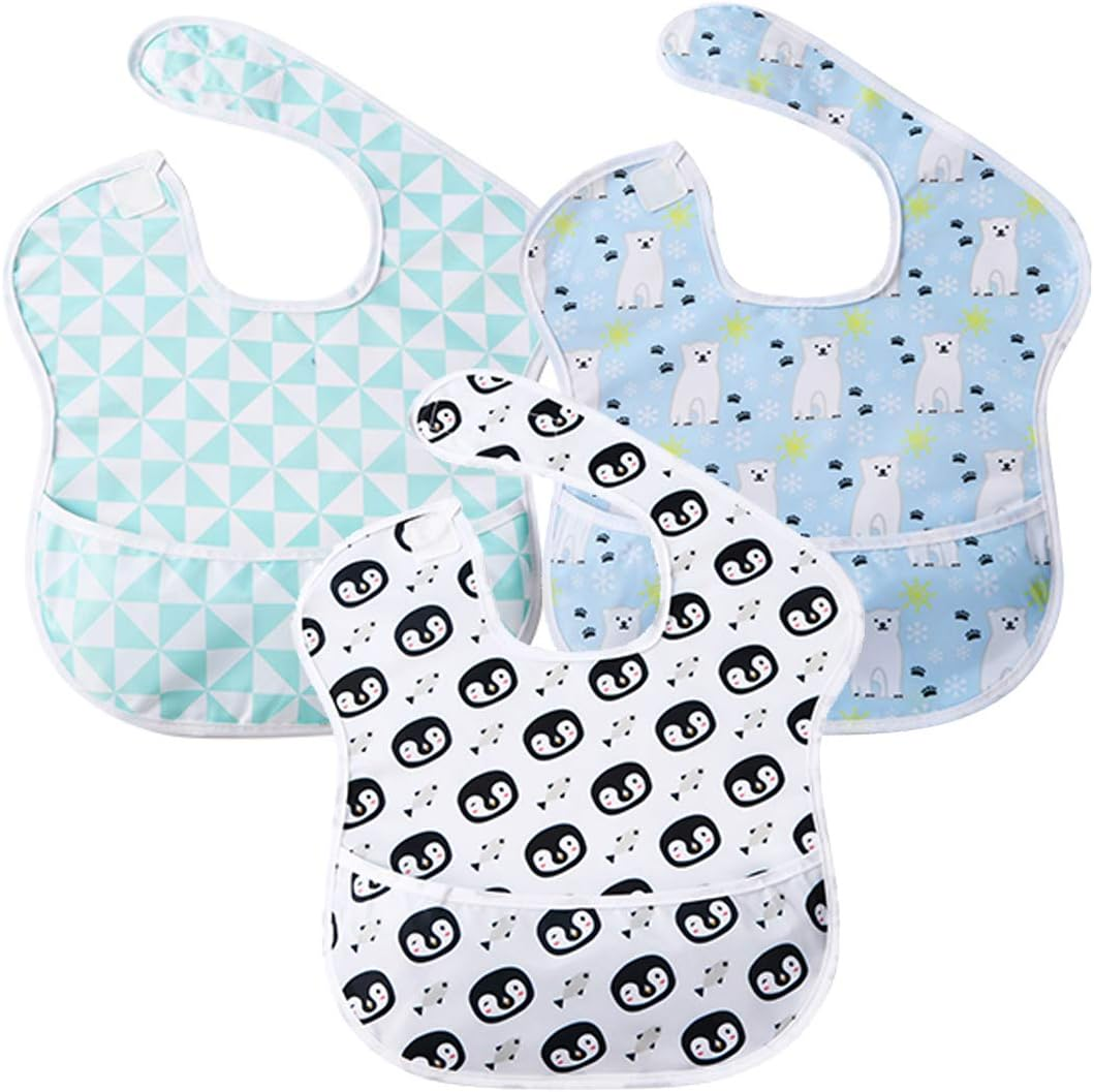 Little Dimsum 3 Pack Baby Bibs Waterproof Bib Easy to Clean Feeding Bibs Weaning Bibs Adjustable Closed for Babies Toddlers with Large Pocket 6-36Months(Cat & Dog & Bear)