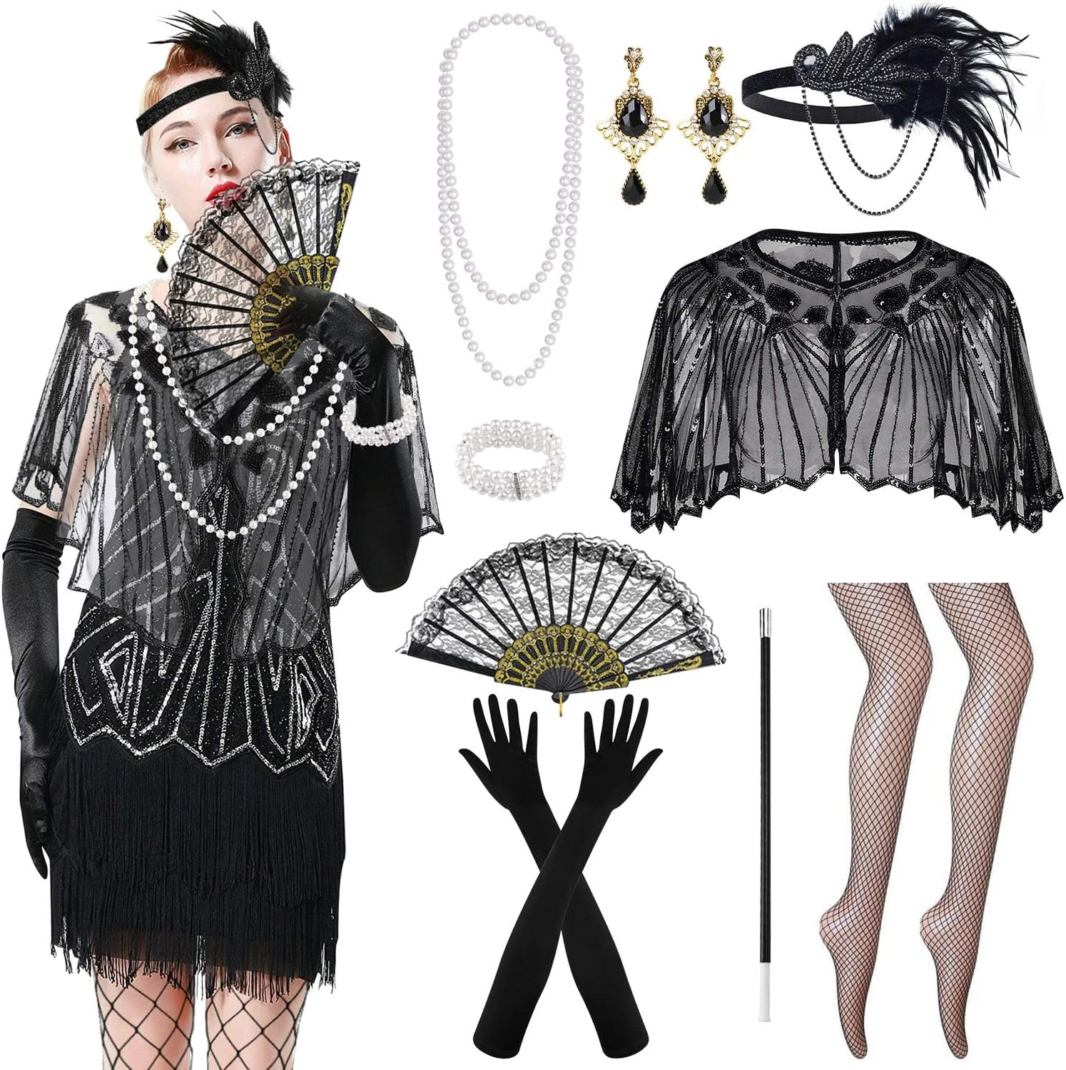 WOTOW 1920S Great Gatsby Accessories for Women - 9PCS Roaring 20S Gatsby Costume Set with Shawl Flapper Headband Necklace Extendable Plastic Holder Gloves Earrings Stockings for Party Halloween image number 4