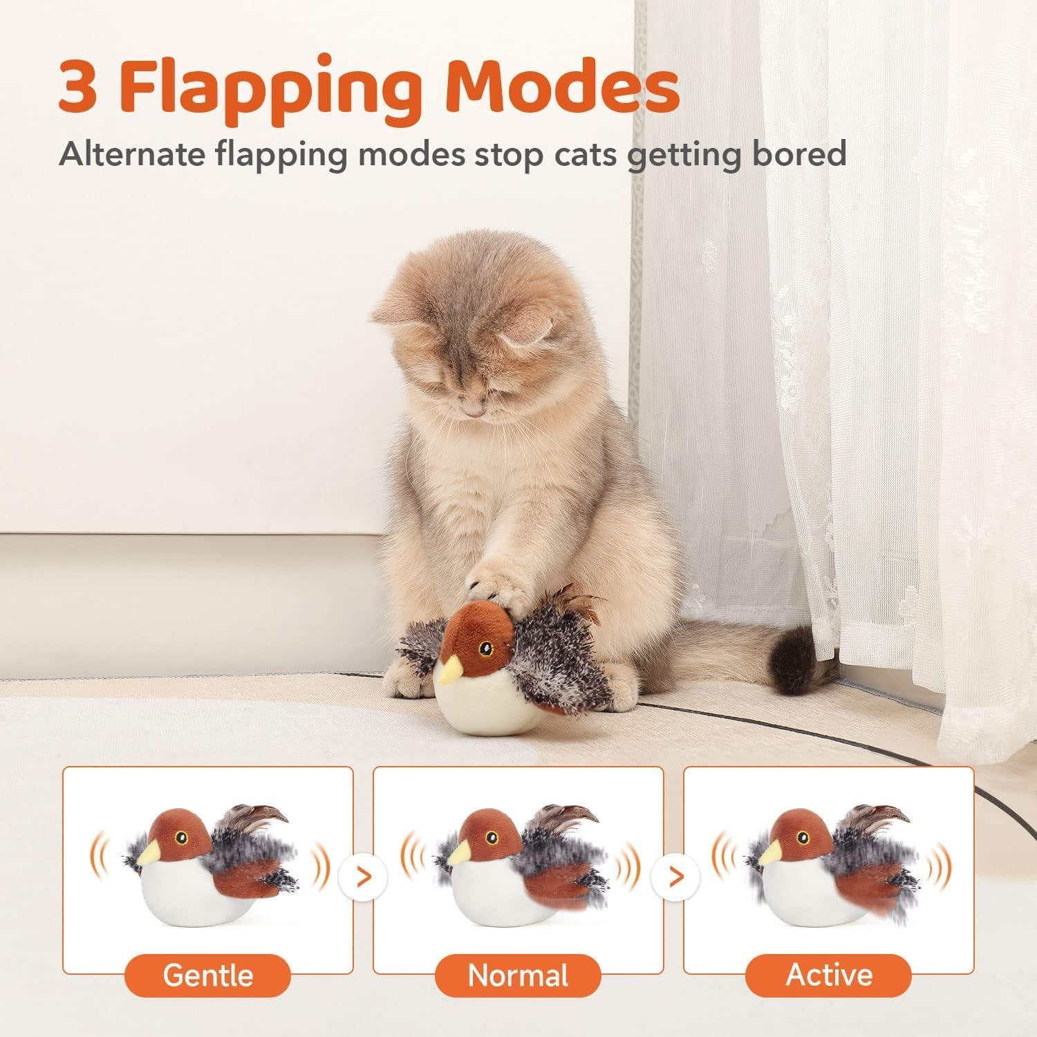 Cat Toys Flapping Bird (No Flying), Lifelike Sandpiper Chirp Tweet, Rechargeable Touch Activated Kitten Toy Interactive Cat Exercise Toys for All Breeds Cat Kicker Catnip Toys (Sparrow) image number 1