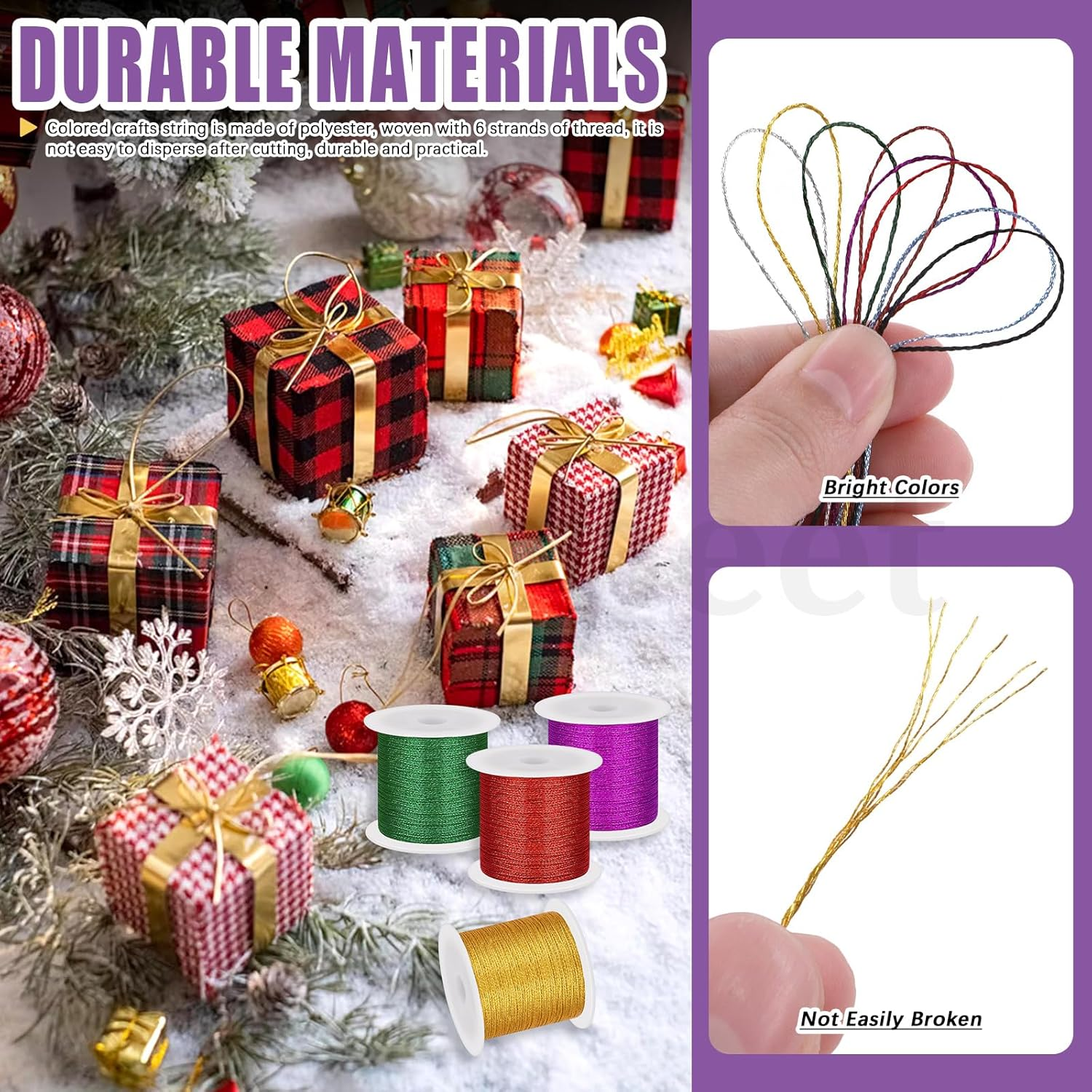 Swpeet 9Pcs 8 Colors 55 Yards Metallic Elastic Cords with Scissors, Metallic Cord Tinsel Rope, Metallic Stretch Cords Elastic Cords Ribbon for Craft Gift Wrapping Christmas Jewelry Making image number 4