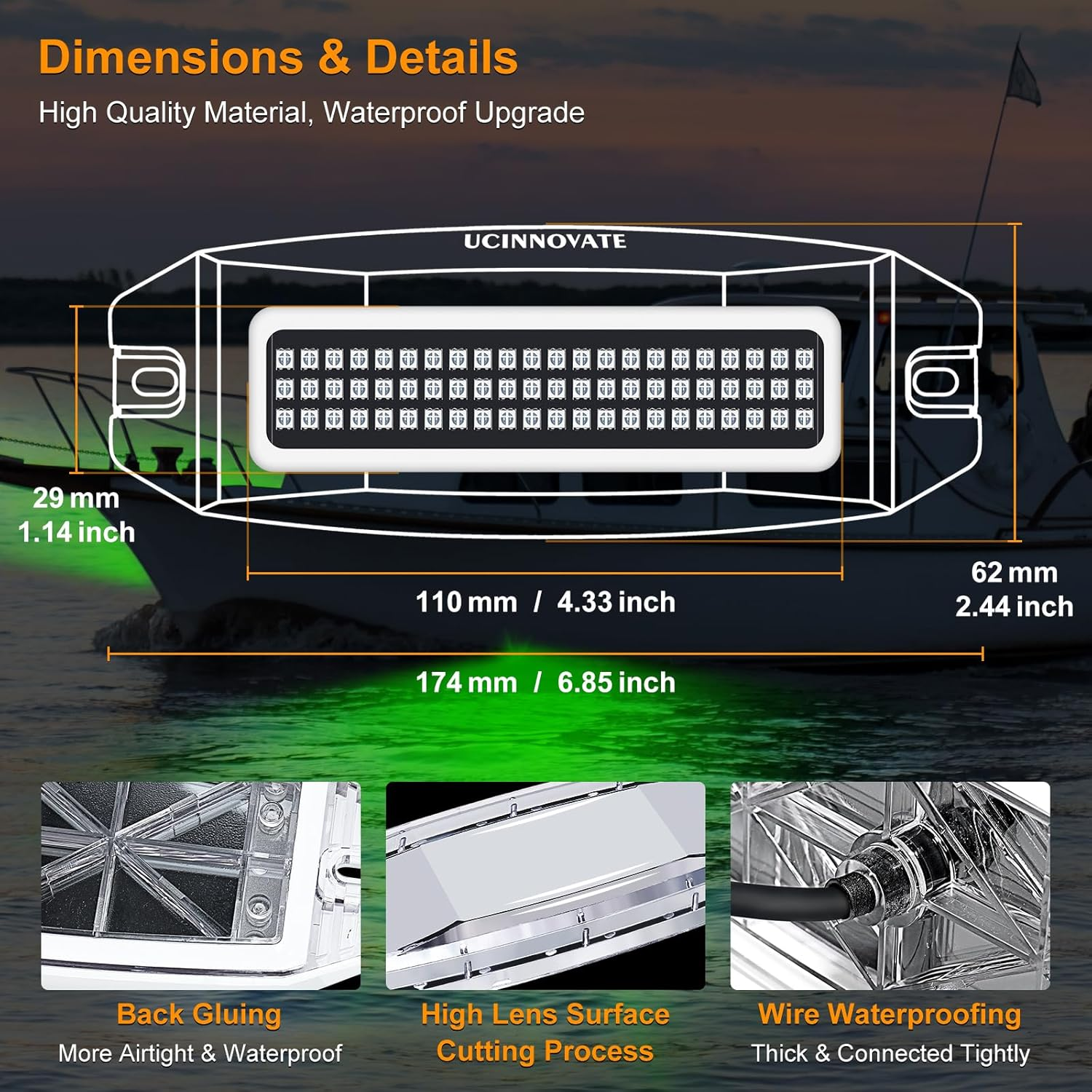 UCINNOVATE 2X 6.9 Marine LED Boat Lights, Dual Color Waterproof Transom & Underwater Lights for Yachts, Boats, Sailboats, Pontoons, Stern & Deck (Blue/Green, 12-36V, IP68) image number 3