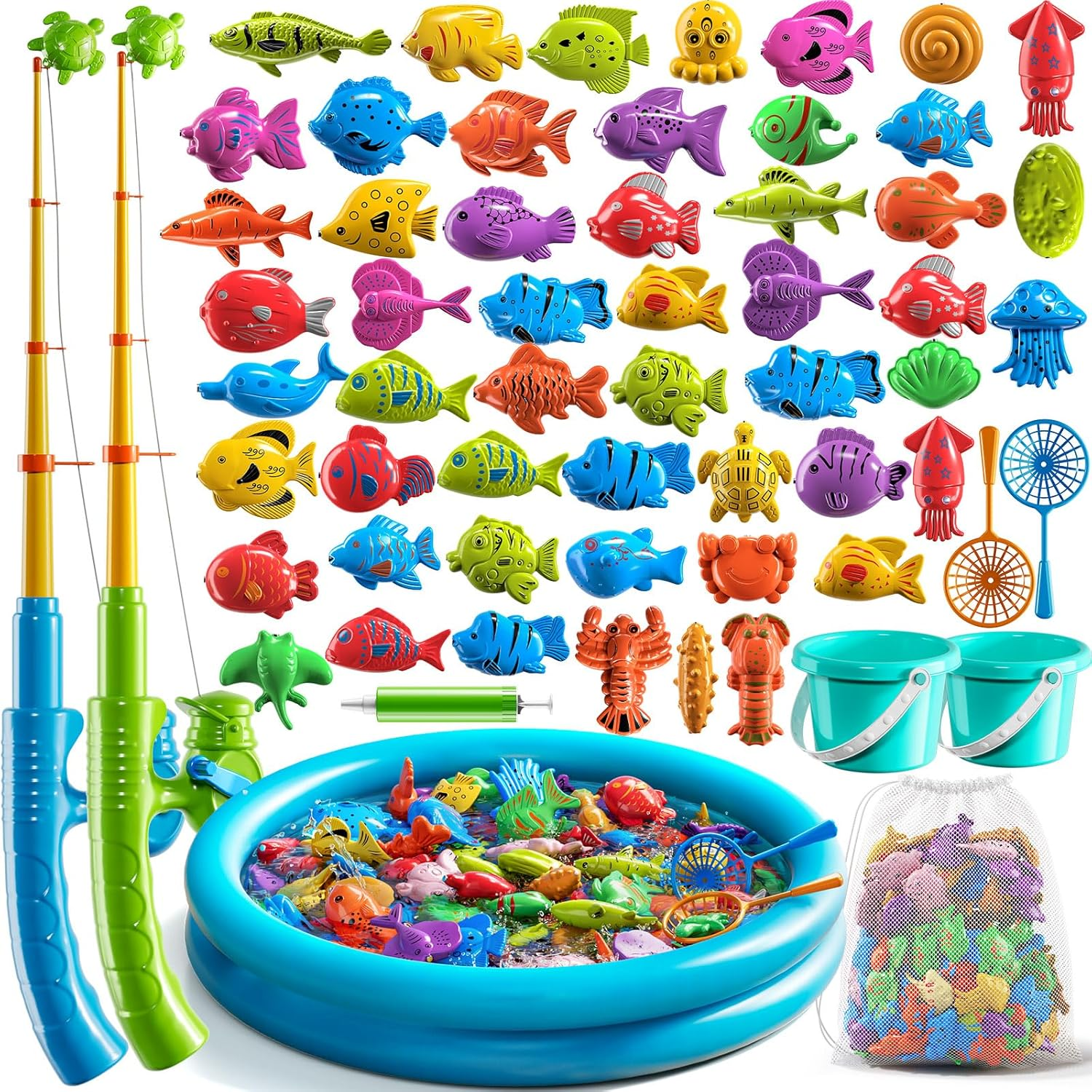 Pool Fishing Toys Games, Water Table Bathtub Toy with Inflatable Pool Pole Rod Net Plastic Floating Fish, Birthday Gifts for Kids Age 3 4 5 6 Year Old,Kids Outdoor Toys image number 5