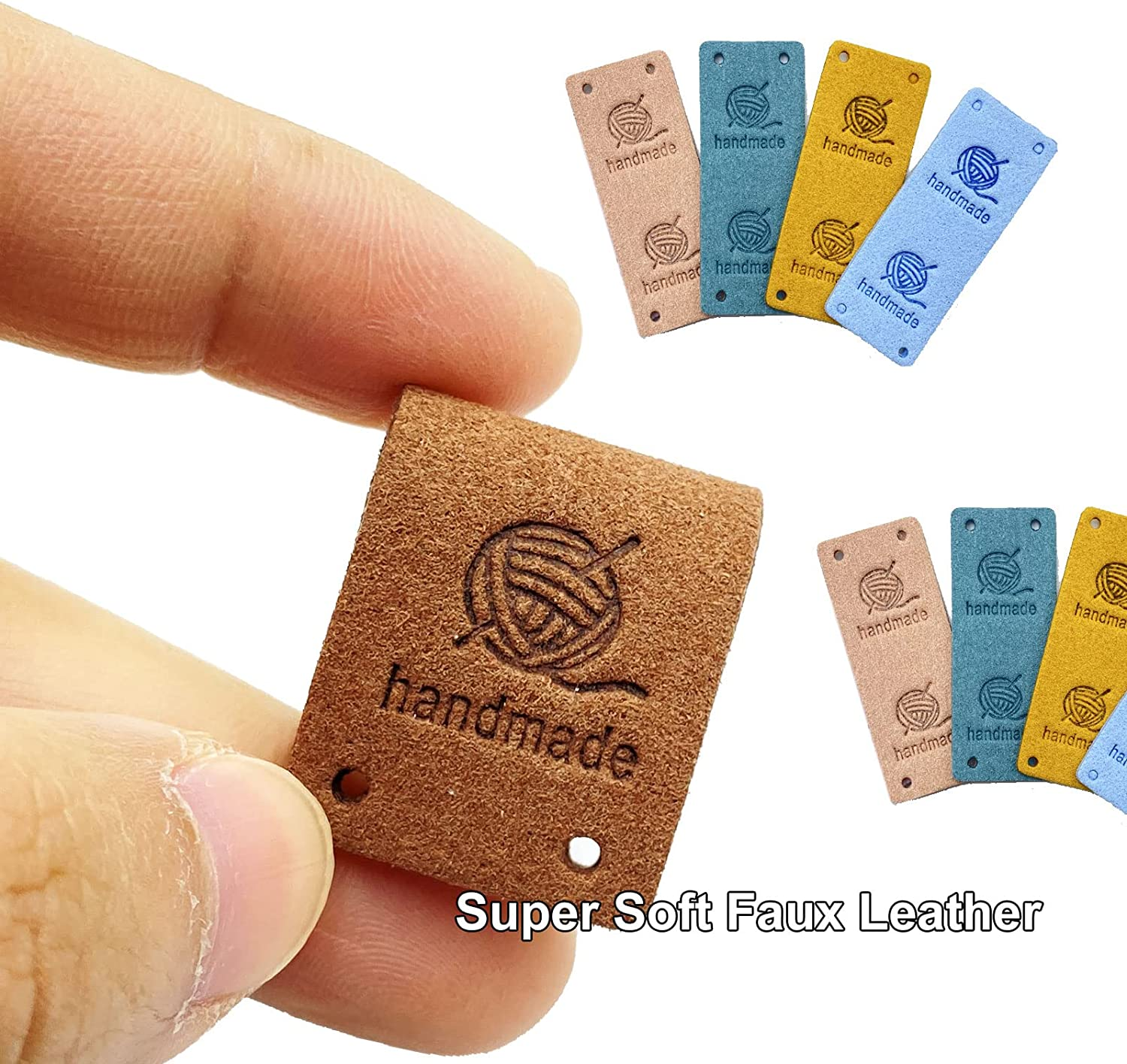 Gewene 50 Pcs Faux Leather Label Handmade Tag Label Folding Handmade Tags Button Holes Embossed Tag Embellishment Knit DIY Jeans Bags Shoes Hat Crafts, Knitting and Crocheting(Yarnball, 10 Colors) image number 5
