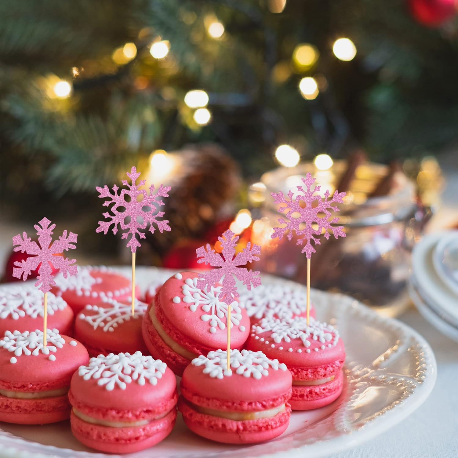 24 Pcs Snowflake Cupcake Toppers Pink Glitter 2 Styles Winter Theme Cupcake Picks Baby Shower Kids Birthday Party Christmas Cake Decorations Supplies