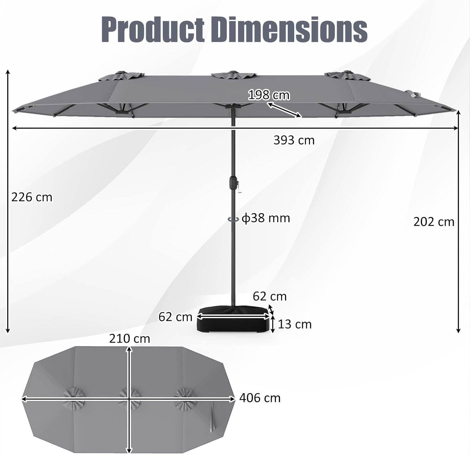 Costway 4 M Double-Sided Patio Umbrella with Base & Solar Lights, Outdoor Twin Umbrella W/ 48 LED Lights, Crank Handle, Air Vents, Oversized Rectangle Market Umbrella for Poolside Garden image number 2