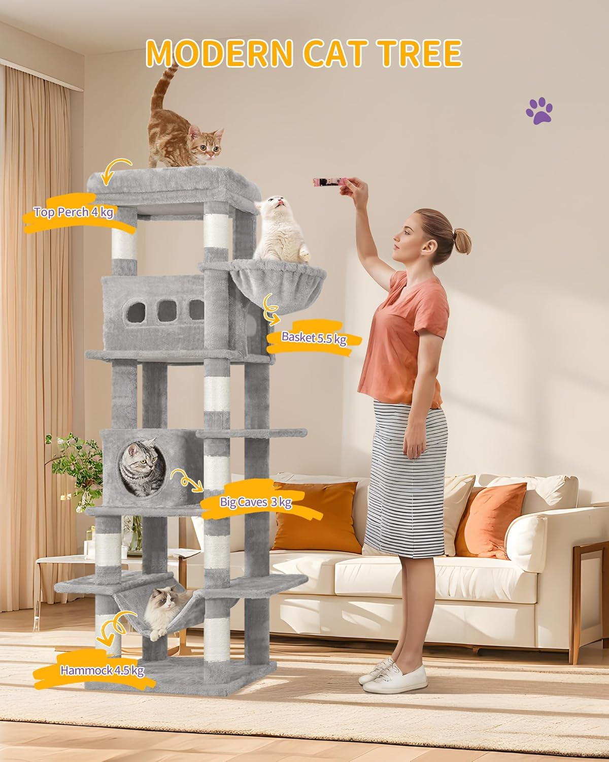 Hzuaneri 170 Cm Cat Tree for Indoor Cats, Large Tall Cat Tower, Multi-Level Cats House with Condo, 8 Scratching Posts, Hammock, 4 Pom Poms, Light Grey MS17018LG image number 6