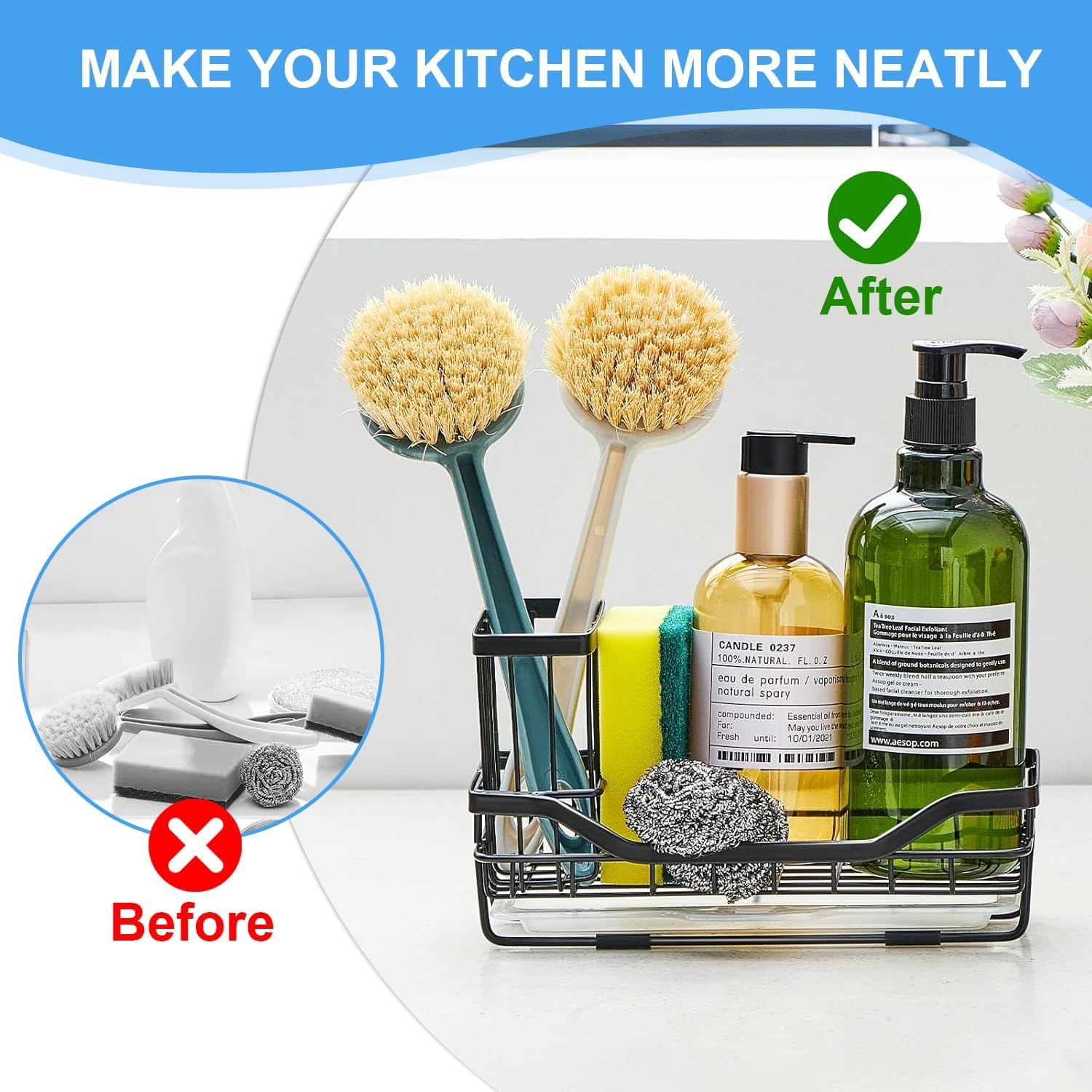 Sponge Holder for Kitchen Sink Organizer，Kitchen Accessories，Kitchen Sink Counter with Detachable Brush Holder & Drain Tray，Kitchen Sink Caddy，Kitchen Organizer，Stainless Steel，Black