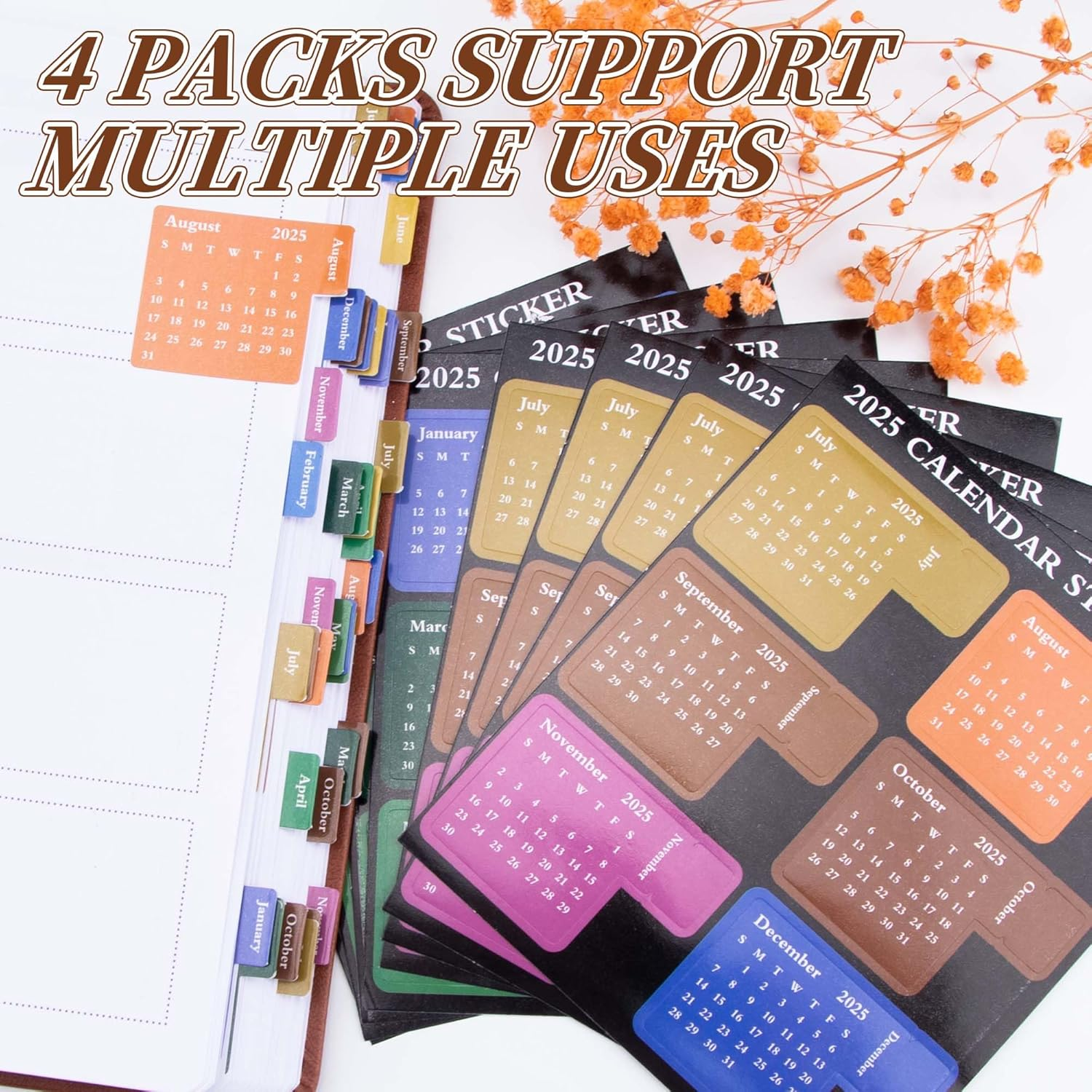 YUNAI 2025 Monthly Tabs for Planners, 4-Pack Calendar Stickers Tabs for Adults Notebooks, Month Dividers Sticky Tabs Labels for Notebooks Office Study Planner Accessories image number 6
