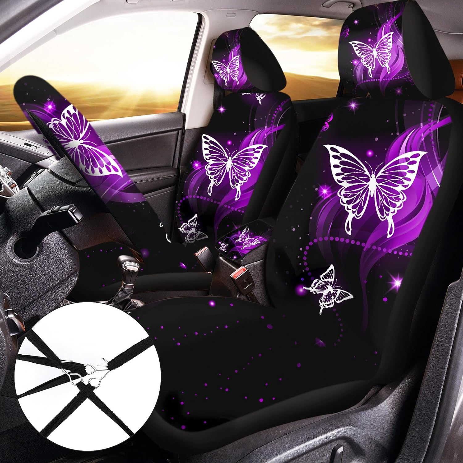 Frienda 10 Pcs Car Seat Covers for Women Accessories Interior Seat Covers with Steering Wheel Cover, Wrist Strap, Car Cup Mats, Armrest Pad, Shoulder Pad, Key Chain(Butterfly) image number 4