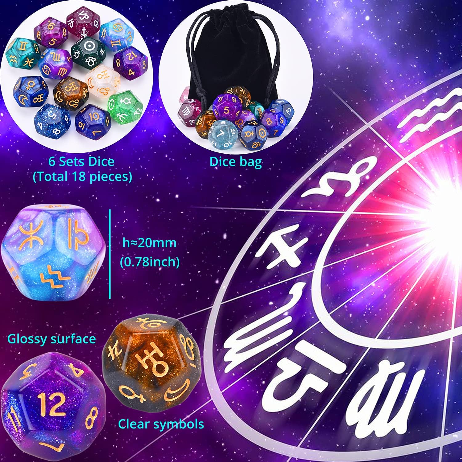 6 Sets Astrology Dice, Signs Planets Numbers 12-Sided Dice Divination Tool