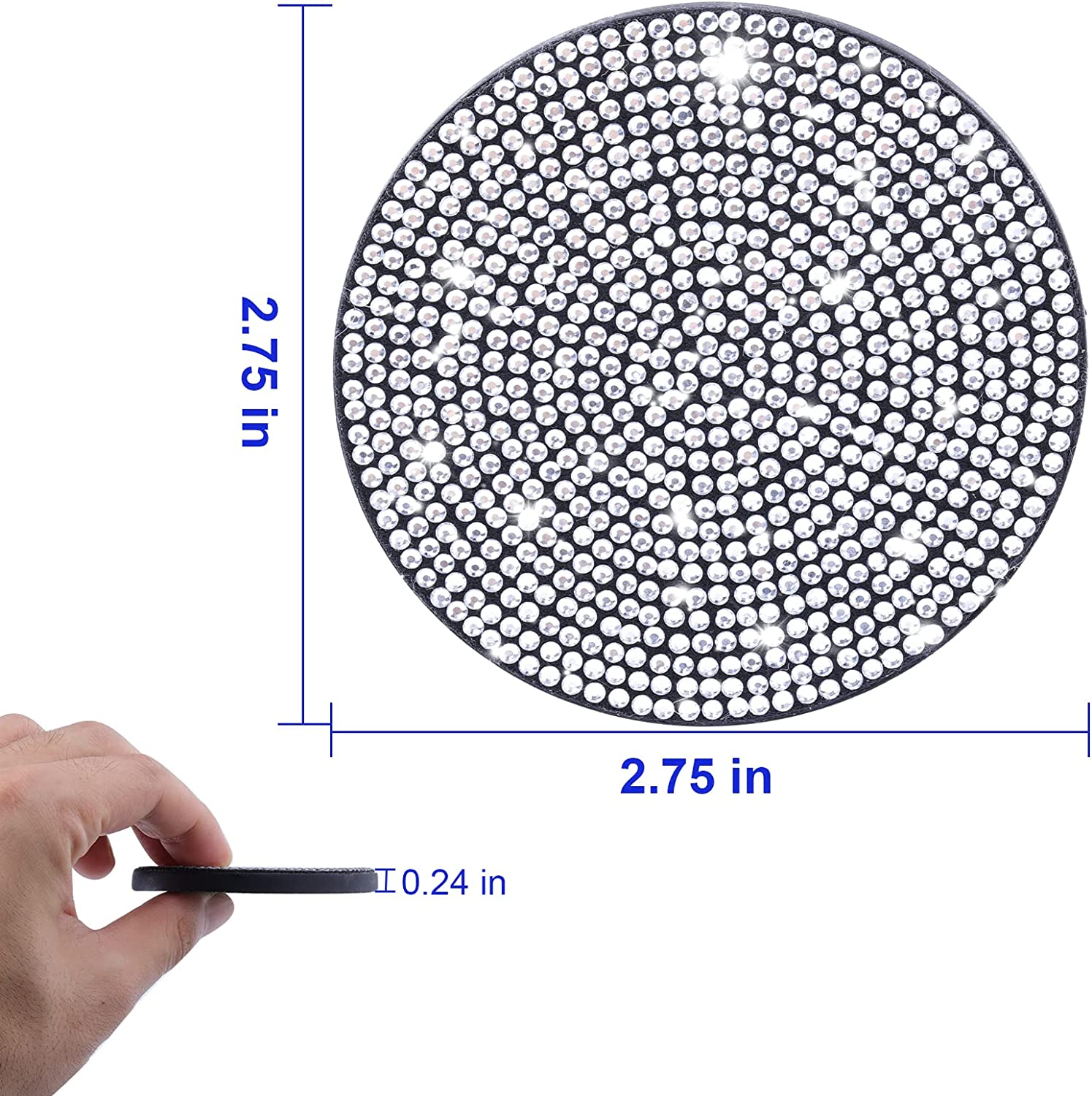 SAVITA 2Pcs 7Cm/ 2.75Inch Bling Car Coasters, Cup Holder Coasters Glitter Car Coaster Cup Mats Crystal Accessories for Ladies and Girls