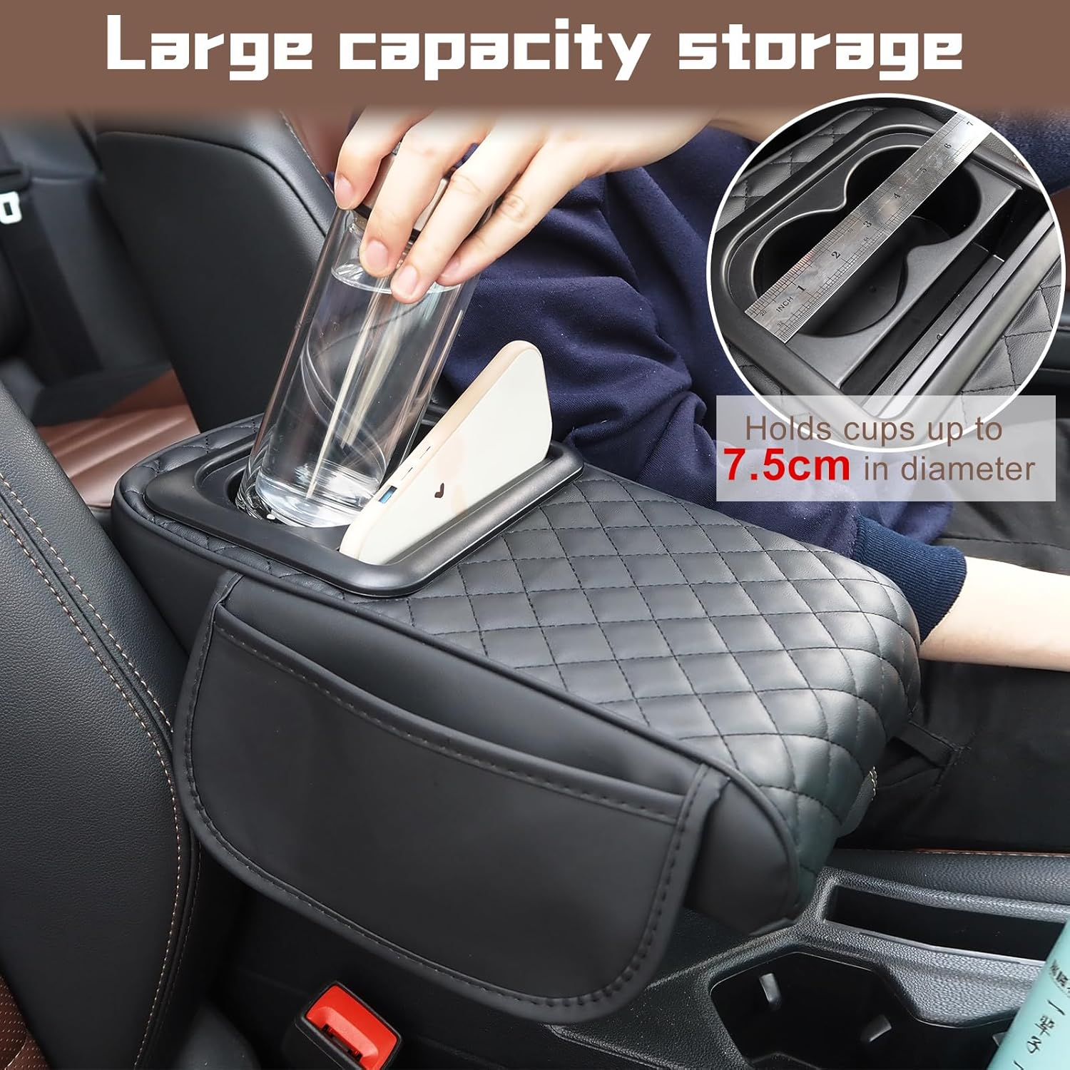 Car Leather Armrest Cover Center Console Cushion, Universal Memory Foam Armrest Pillow with Organizer, Anti-Scratch Arm Rest Protector Pad Accessories for Car, Suvs (Black with Cup Holder) image number 3