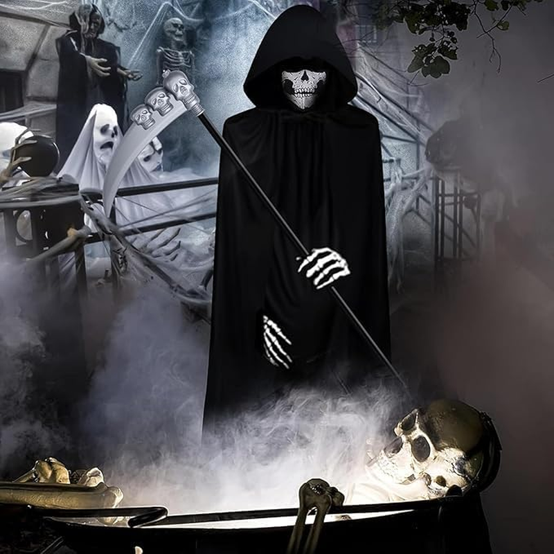 Halloween Grim Reaper Costume Set for Adult, 4PCS Black Hooded Cape, Skull Face Mask, Skeleton Hand Gloves, Grim Reaper Scythe Death Scythe Staff, Cosplay Costume Props for Men & Women image number 1