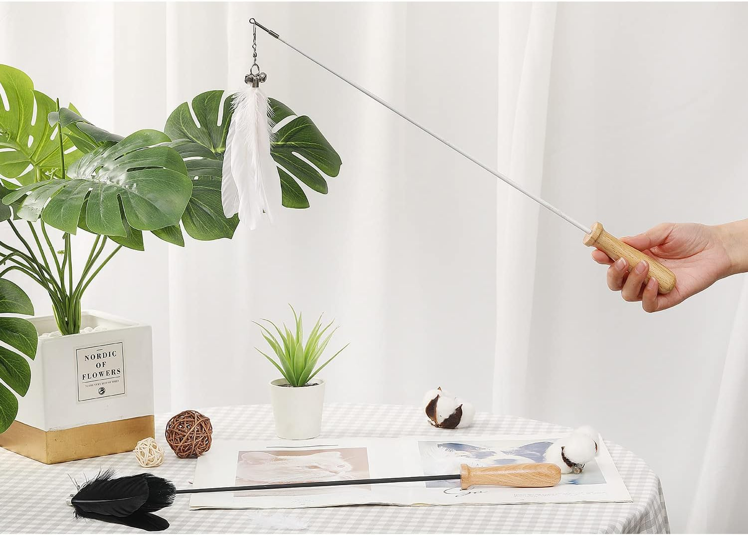 Cat Teaser Toy with Wooden Handle - Retractable Cat Teaser Wand with Natural Feather - Cat Interactive Toy for Indoor Cats - White image number 3