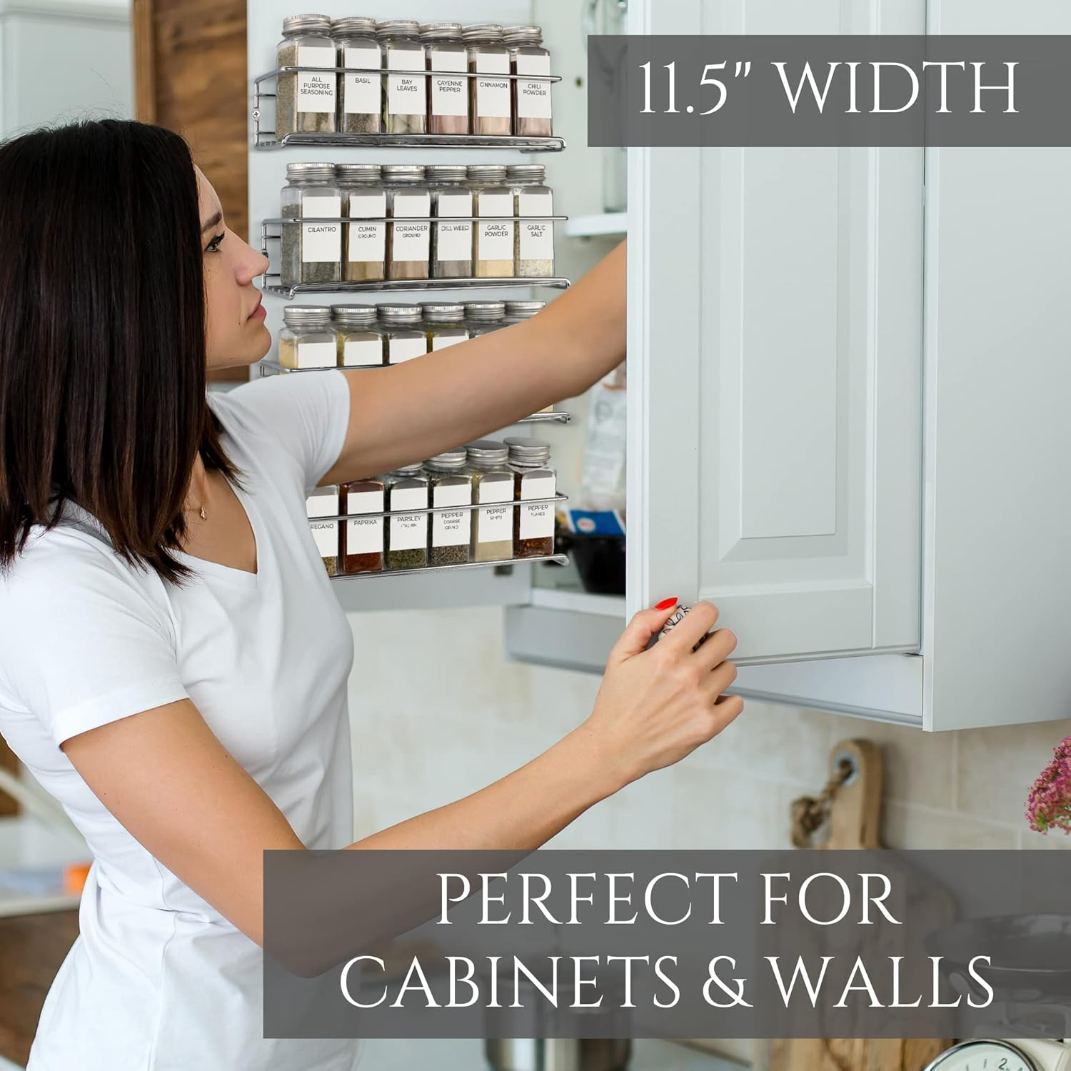 Gorgeous Spice Rack Organizer for Cabinets or Wall Mounts - Space Saving Set of 4 Hanging Racks - Perfect Seasoning Organizer for Your Kitchen Cabinet, Cupboard or Pantry Door