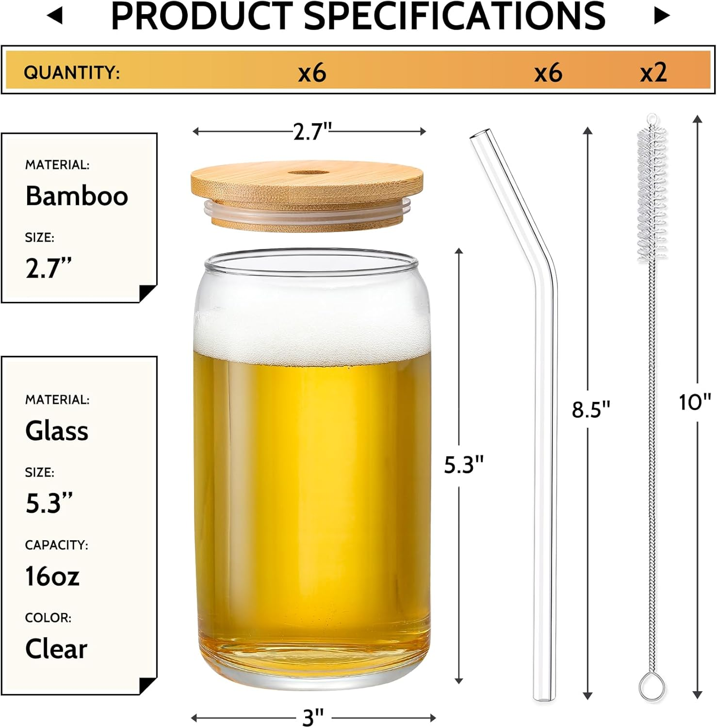 [ 6Pcs Set ] Glass Cups with Bamboo Lids and Glass Straw - Beer Can Shaped Drinking Glasses, 16 Oz Iced Coffee Glasses, Cute Tumbler Cup for Smoothie, Boba Tea, Whiskey, Water - 2 Cleaning Brushes image number 5