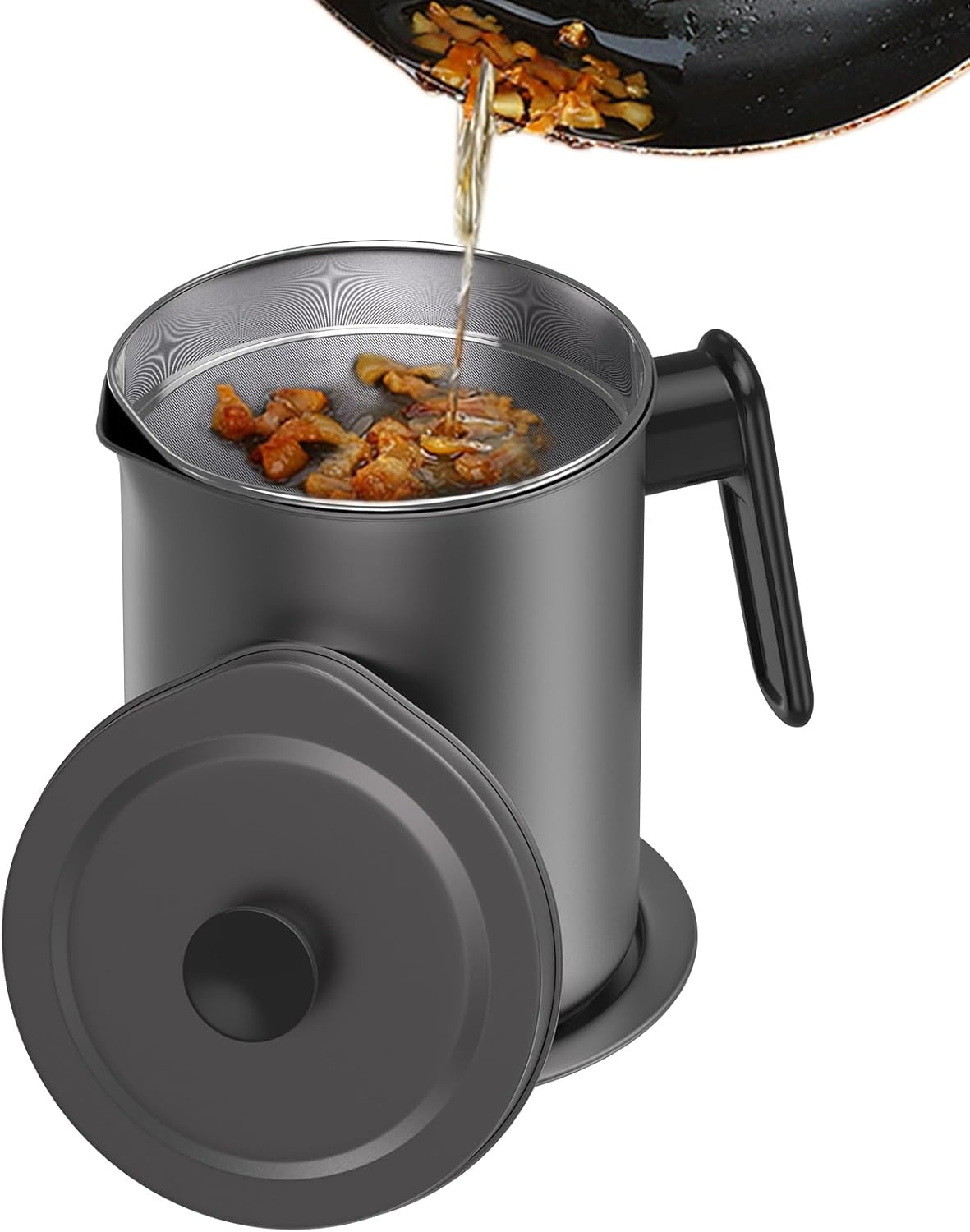 Bacon Grease Container with Fine Mesh Strainer - 1.7L / 6.8 Cups Cooking Oil Storage Can with Removable Dustproof Lid and Coaster Tray - Oil Pot for Used Cooking Oil, Fat, Frying Oil, Kitchen Fat image number 4