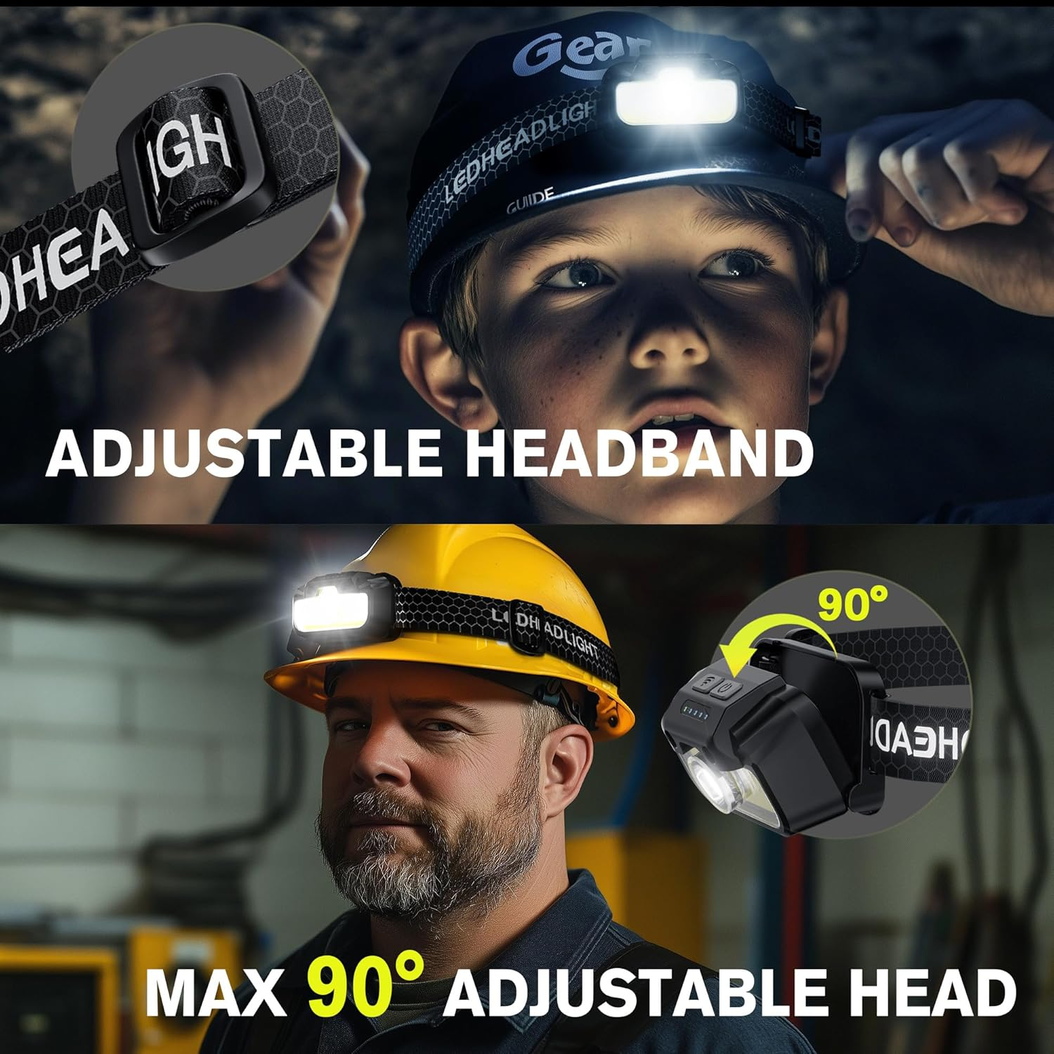 2 Pack Headlamp Rechargeable, 1300 Lumen Lightweight Bright with White Green Red Headlamp Flashlight, Waterproof Motion Sensor Head Lamp,14 Modes for Outdoor Camping Running Cycling image number 3