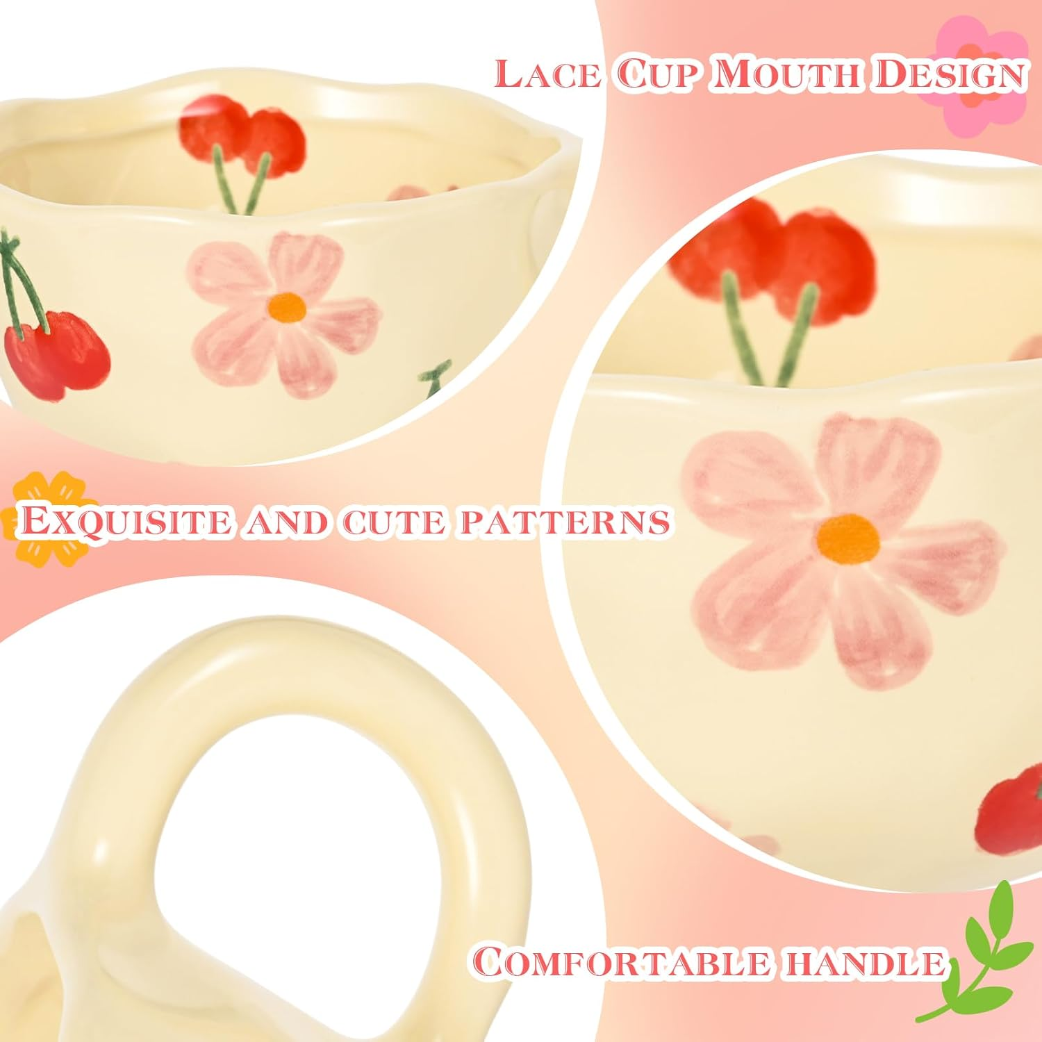 Ceramic Coffee Mug Vintage Flower Mugs 8 Oz Cute Floral Coffee Mugs Irregular Latte Art Cup Lead-Free Porcelain Cups for Cappuccino, Cocoa (2 Pcs Pink Cherry) image number 4