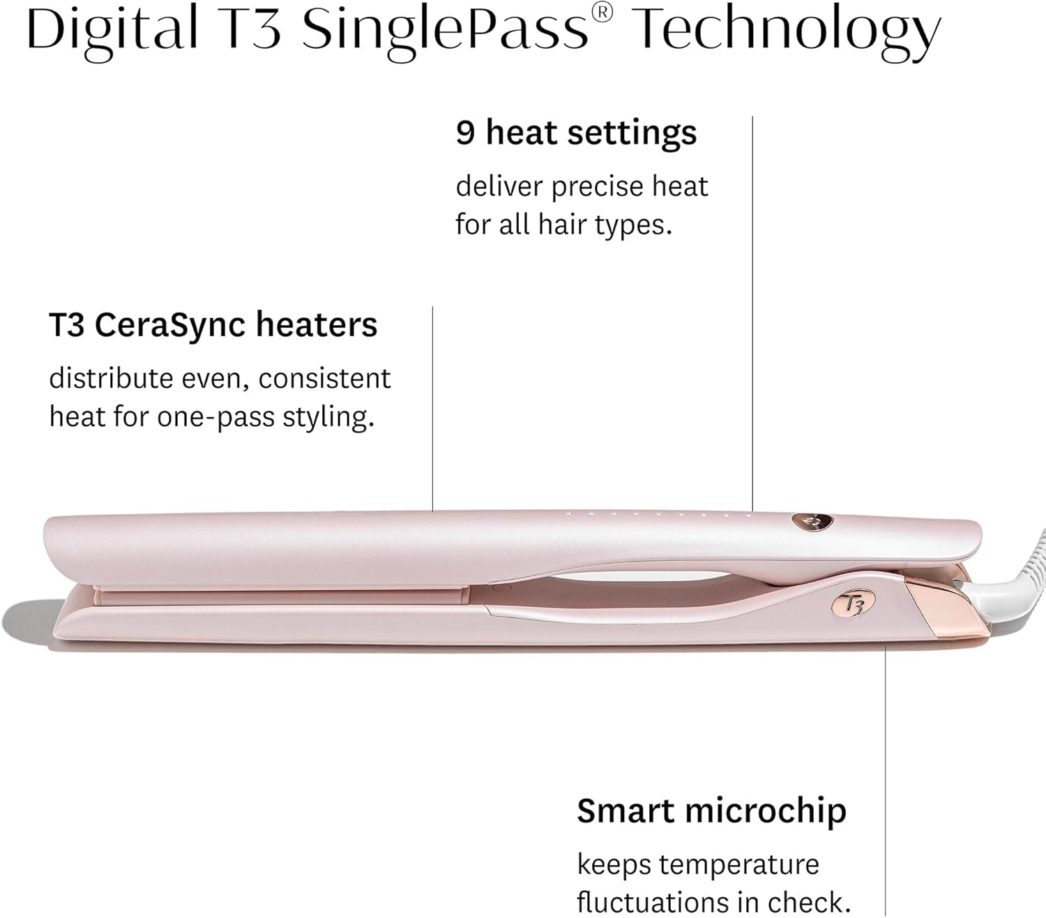T3 Singlepass Smooth X Professional Flat Iron with Extra-Long Ceramic Plates for Faster Styling, 9 Heat Settings for All Hair Types, for Straightening, Curling, and Waving image number 3