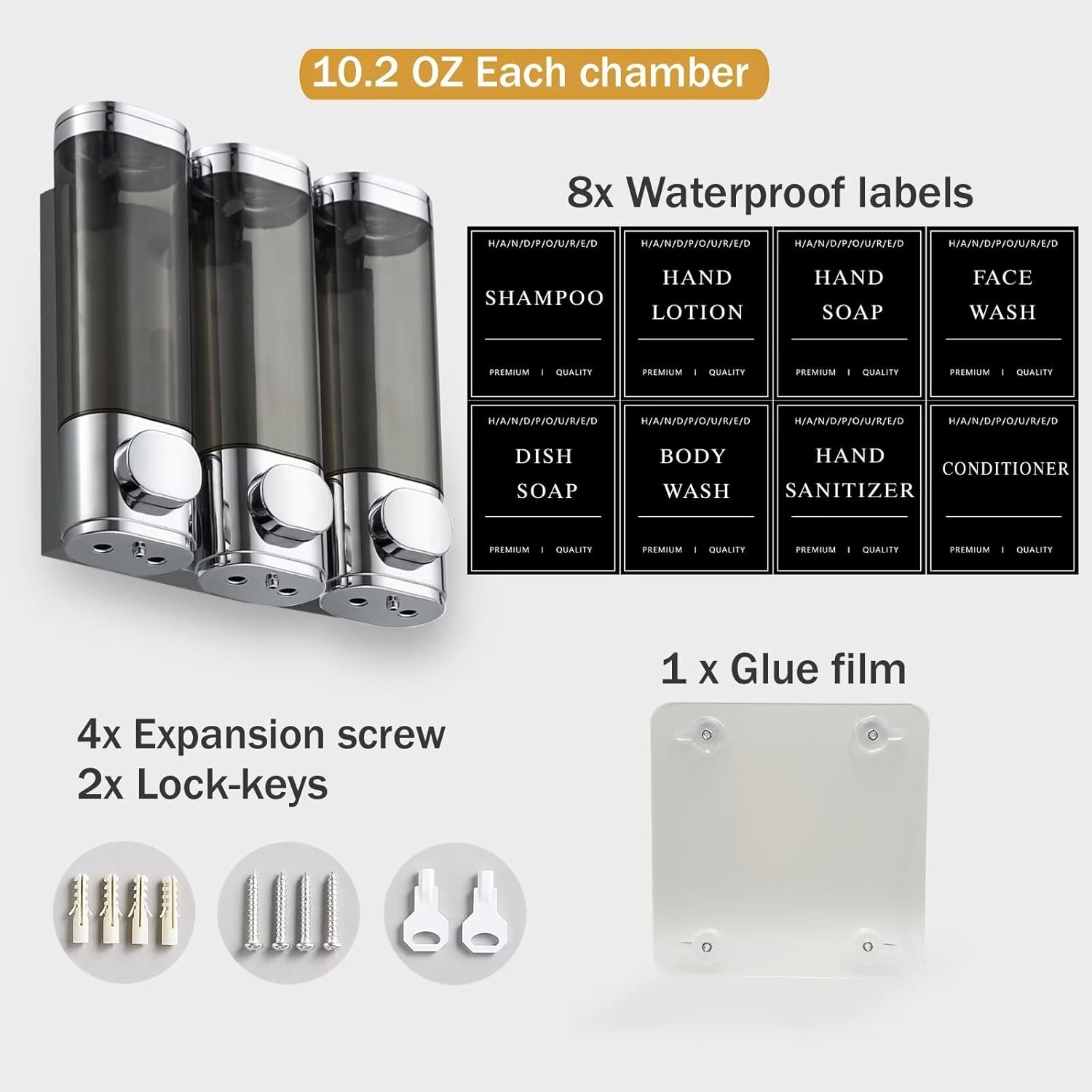 Shower Soap Dispenser 3 Chamber No Drill, Shampoo Dispenser for Shower Wall, Shampoo and Conditioner Dispenser Wall Mounted Set, for Bathroom Hotel (30Oz Electroplated Silver)