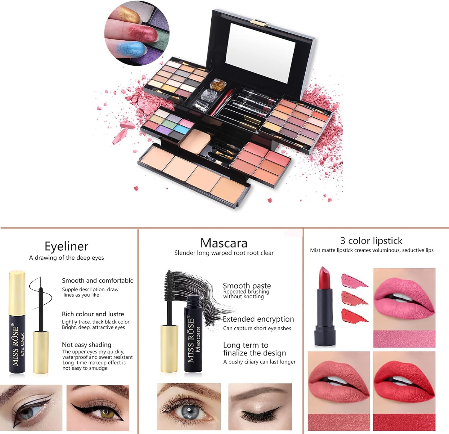 Roseflower 39 Colors Cosmetic Palette, All-In-One Makeup Kit, Essential Starter Set for Beginners or Pros, Includes Eyeshadow, Lip Gloss, Blusher, Eyeliner, Mascara image number 6