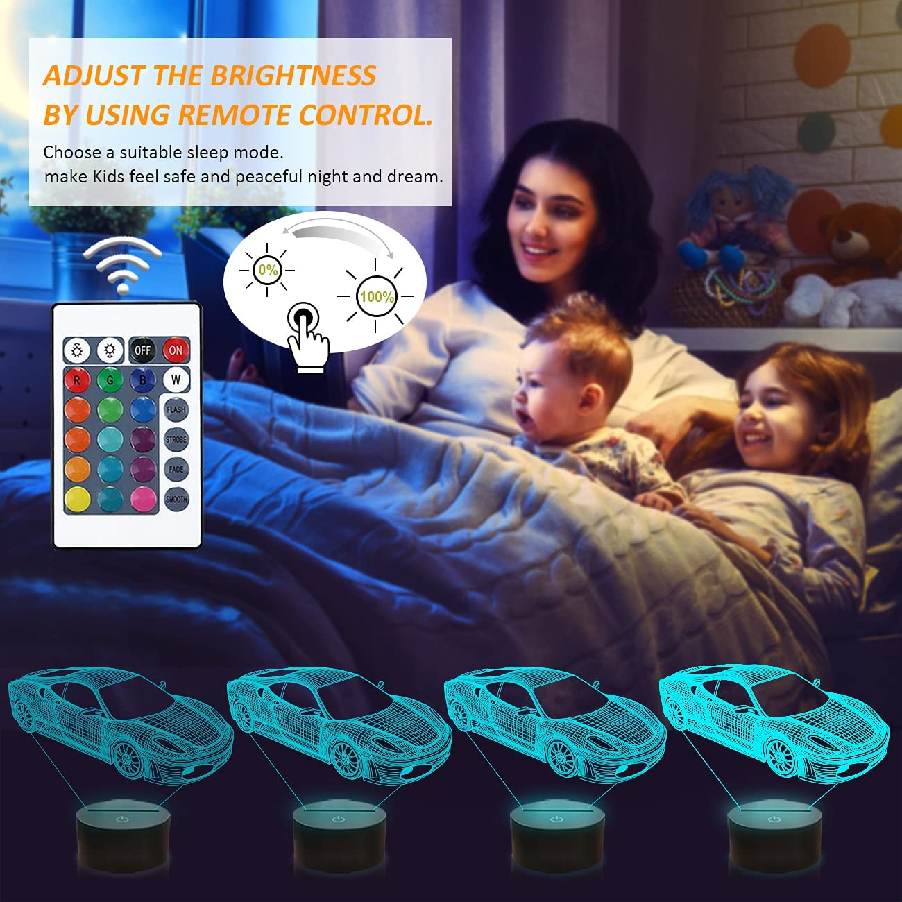 Car 3D Night Light for Kid, Sports Racing Illusion Bedside Lamp 16 Color Changing with Remote Control Dim Bedroom Decor Best Creative Birthday Men Boy Friend image number 3