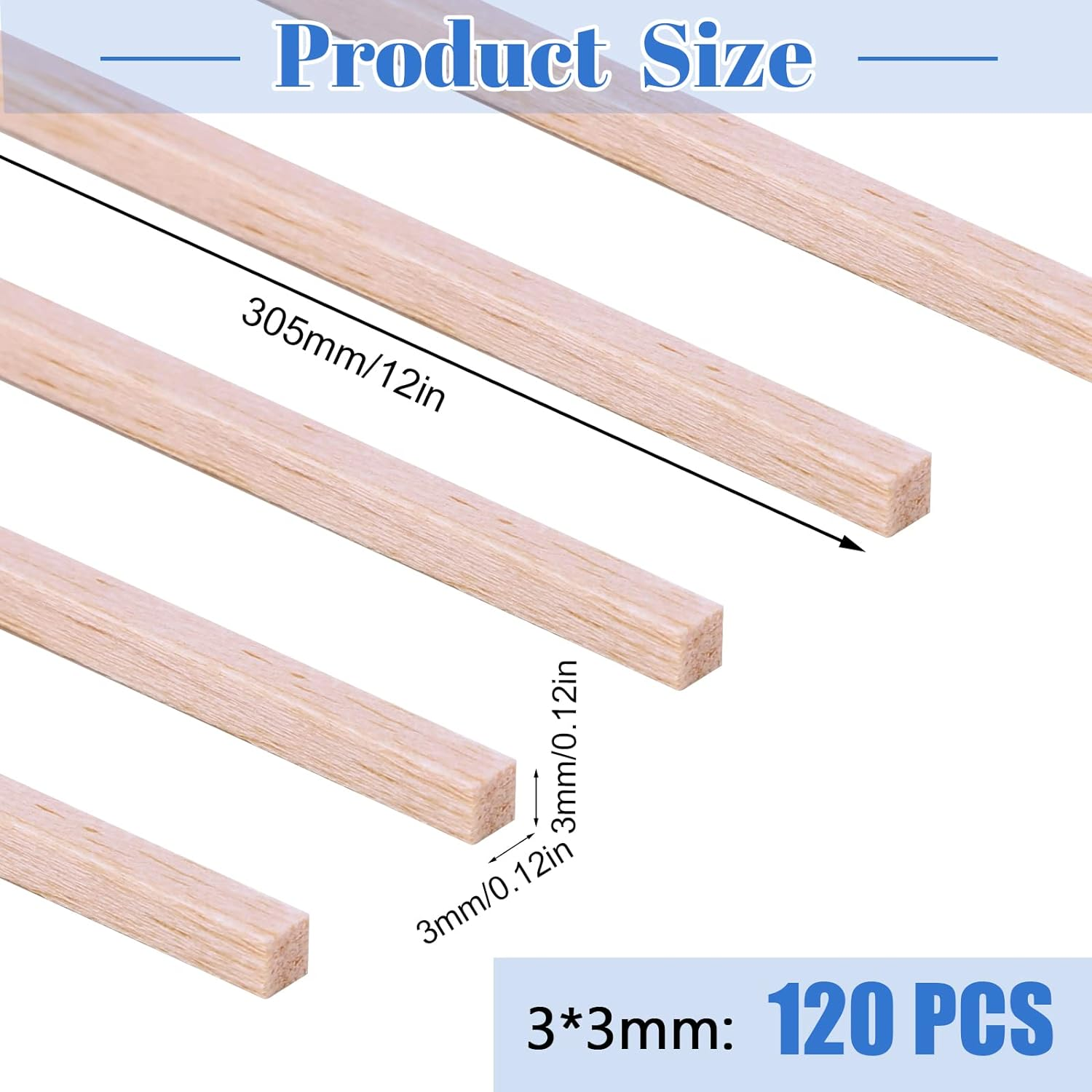 120 Pieces Balsa Wood Sticks 1/8 X 1/8 X 12 Inch Wood Strips Balsa Square Wooden Dowels Hardwood Unfinished Wood Sticks for Crafts DIY Projects Models Making Supplies image number 2