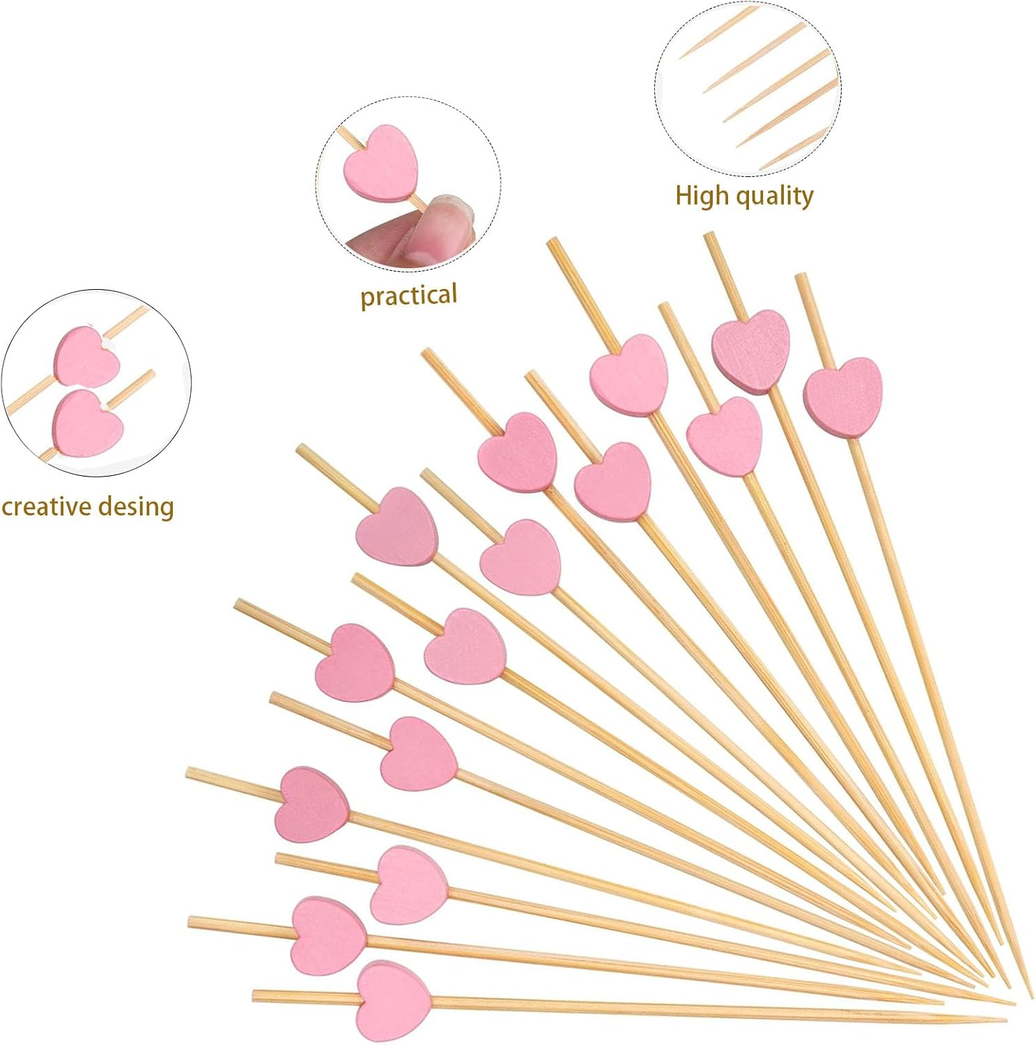200Pcs Fruit Toothpicks, Heart-Shaped Bamboo Toothpicks (Pink), Natural Cocktail Picks for Appetizers, Fruit, Cake, BBQ, Sandwiches