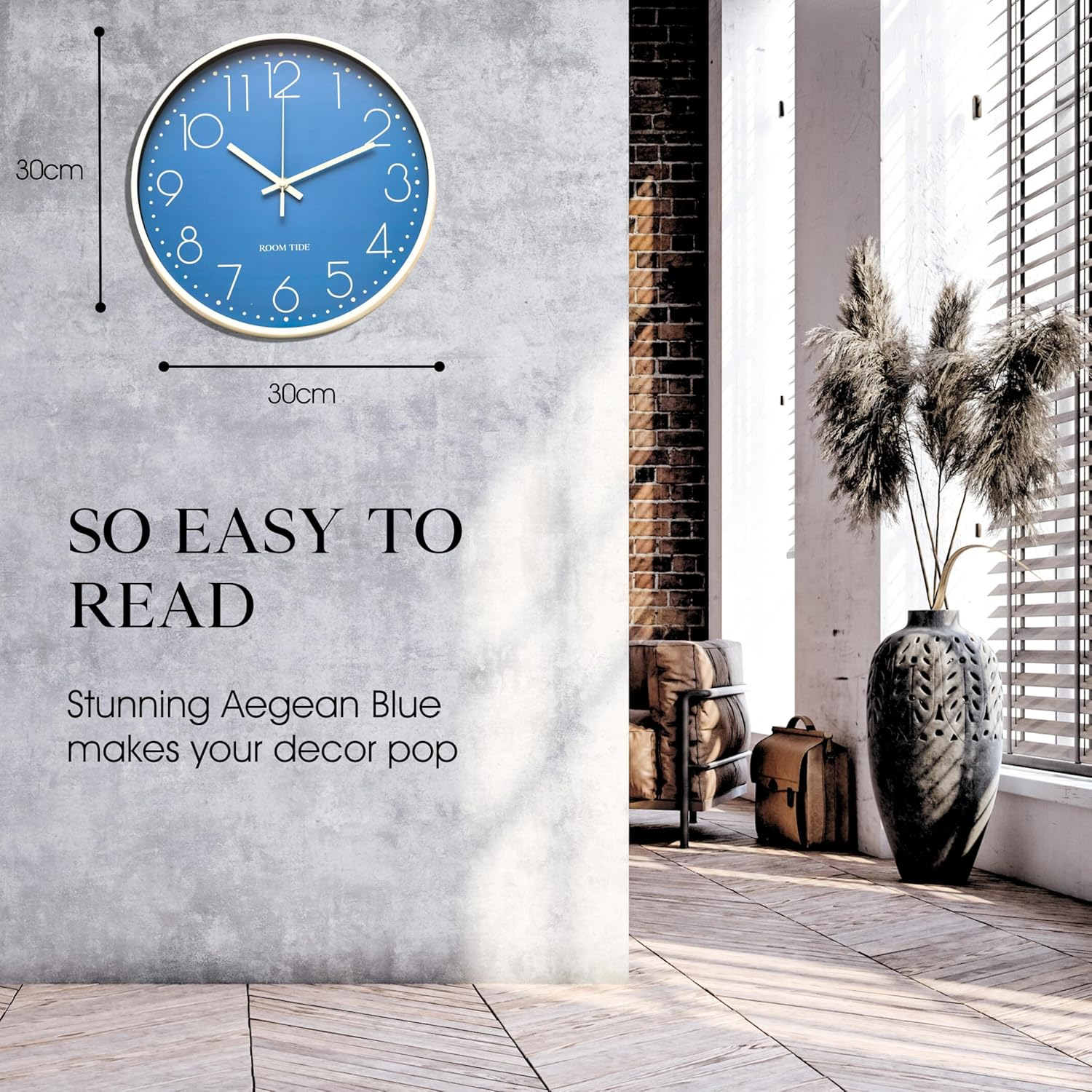 Room Tide Silent Wall Clock 12 Inch Quartz Classic Design Easy to Read Large Wall Clocks for Living Room Decor Bedroom Decor Home Kitchen Home Office School Room Clock (Aegean Blue) 30Cm image number 3