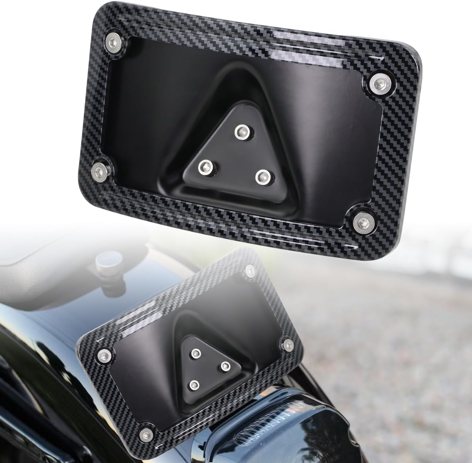3148 Curved Laydown License Plate Mount with Frame Compatible with Harley Davidson 3 Hole Mount (Black)