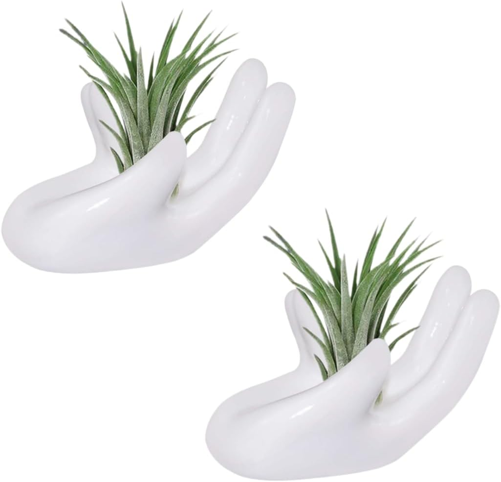 2 PCS Air Plant Holder Cute Ceramic Mini Hand Shape Stand Airplants Tillandsia Small Container Pot Plant Decorative Home Decor for Desk Table Shelf Window, White